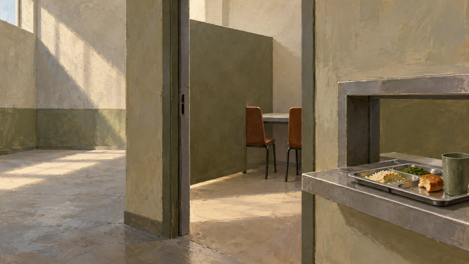 A painted, sunlit interior with two chairs behind a partition and a food tray with a cup on a serving counter. SI illustration