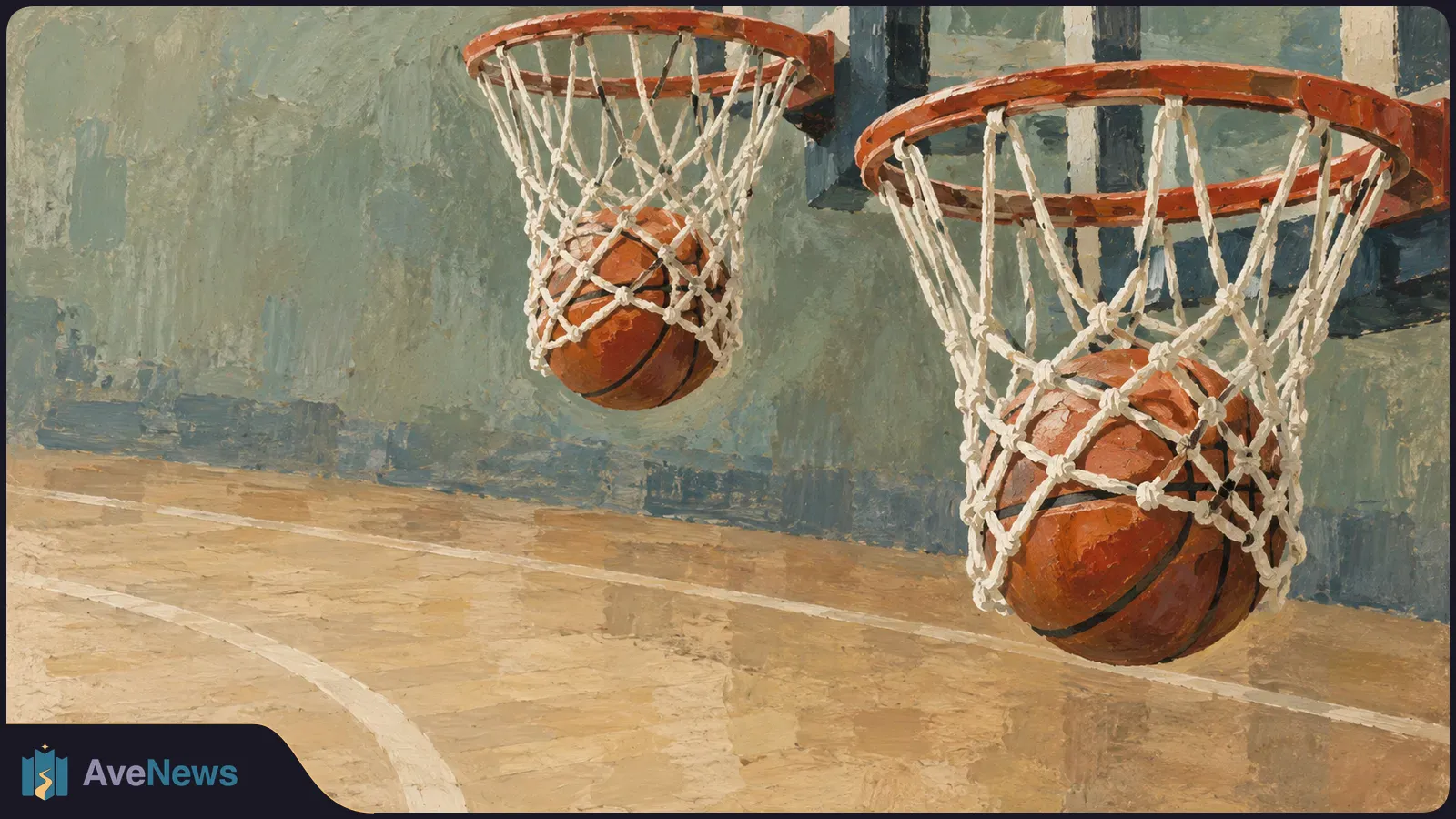 Painterly illustration of two basketballs caught in the nets of side-by-side hoops above an indoor court. SI illustration