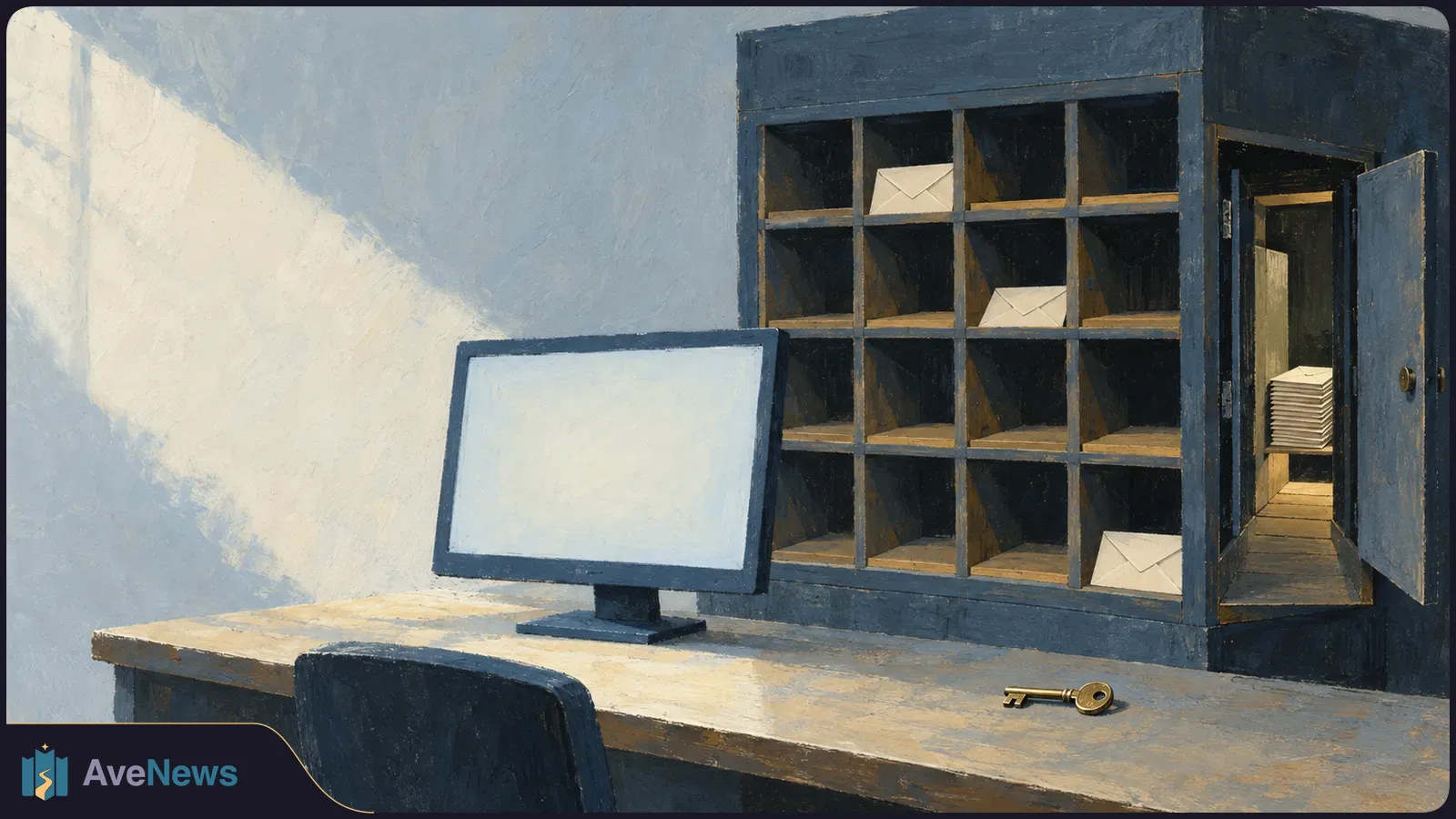 Painted scene of a blank monitor beside mail cubbies holding envelopes. A side compartment is open, and a key lies on the desk. SI illustration