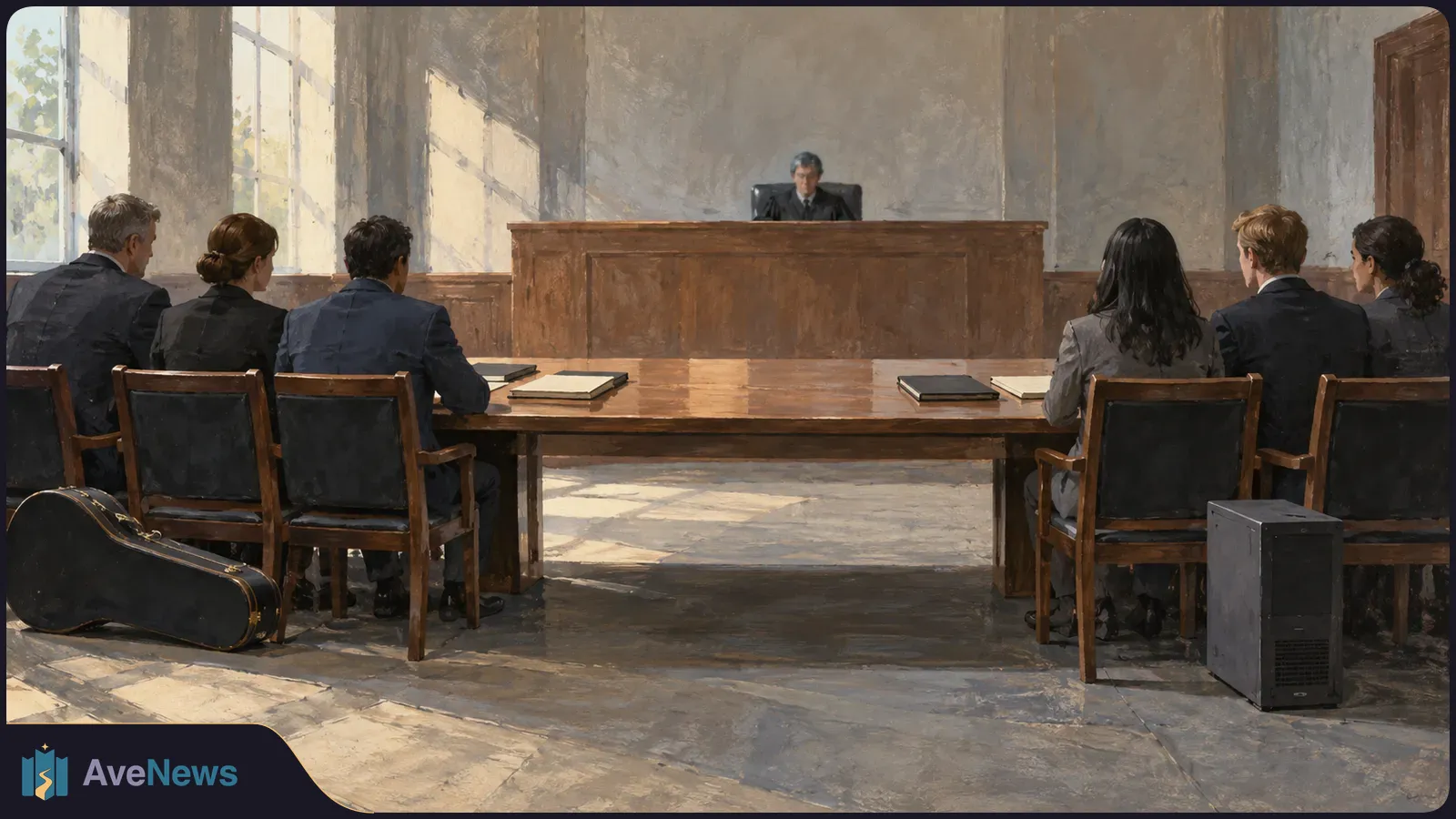 Painted courtroom scene: six people sit around a wooden table facing a person behind a raised desk. Folders lie on the table, with a guitar case on the floor. SI illustration