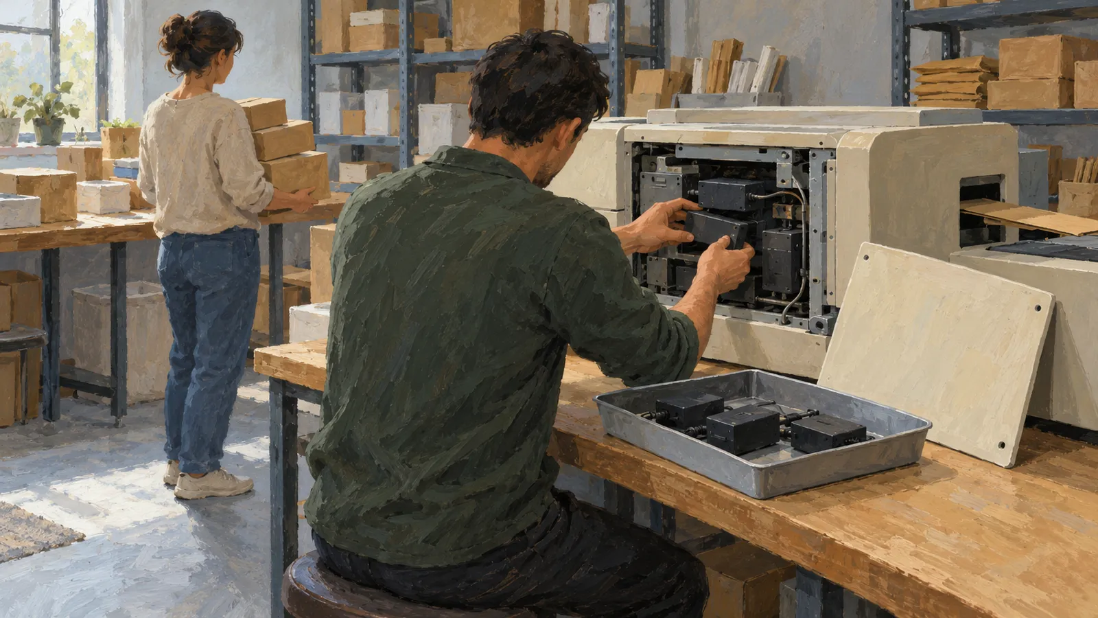 A painted workshop scene shows a seated man handling components inside an open machine, while a woman carries boxes behind him. A tray of black parts rests on the workbench. SI illustration
