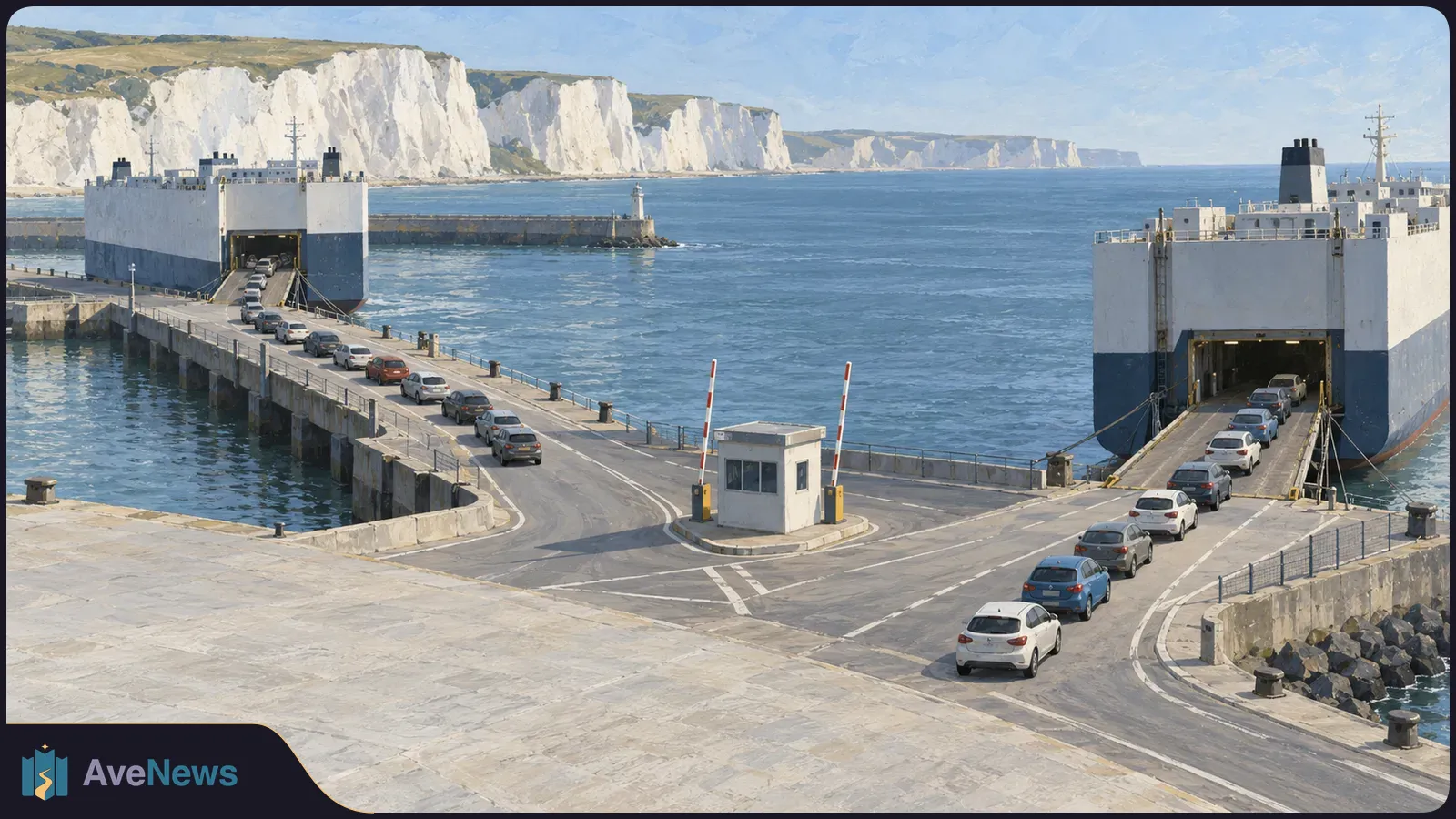 Cars queue on ramps beside two ferries in a harbor, with white cliffs across the water. SI illustration