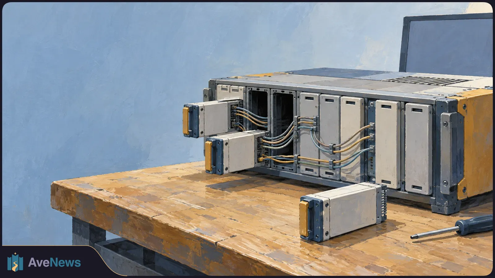 Illustration of a gray electronic unit on a wooden workbench, with modules pulled out, exposed cables, and a screwdriver beside it. SI illustration