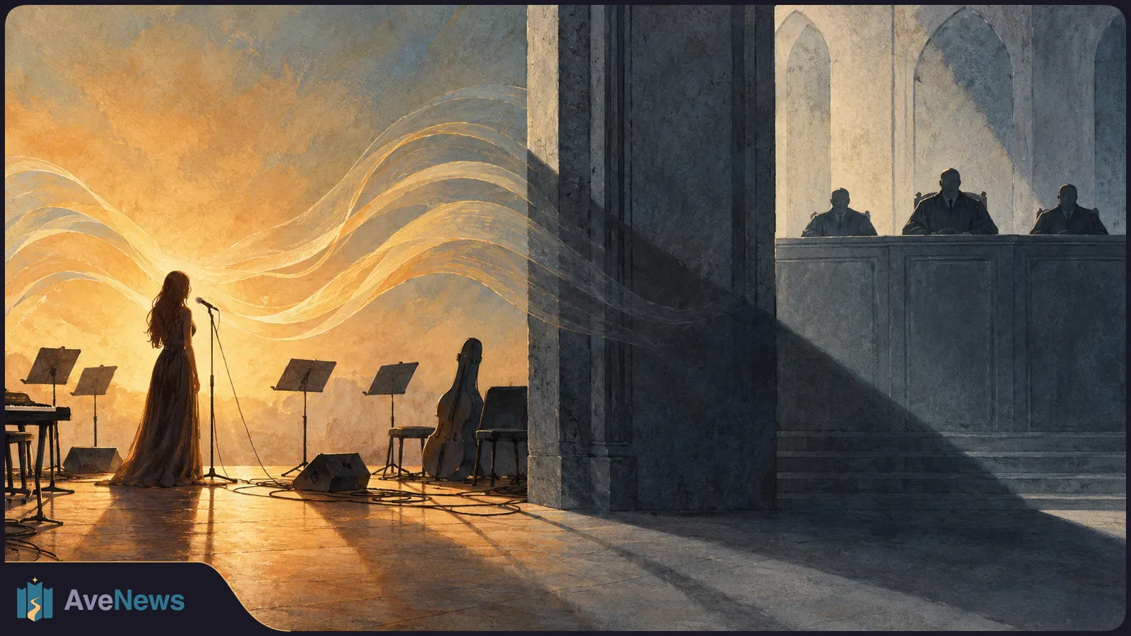 Painted scene of a long-haired singer at a microphone beside music stands and a cello. Glowing ribbons extend toward three seated figures in a dark, elevated hall. SI illustration