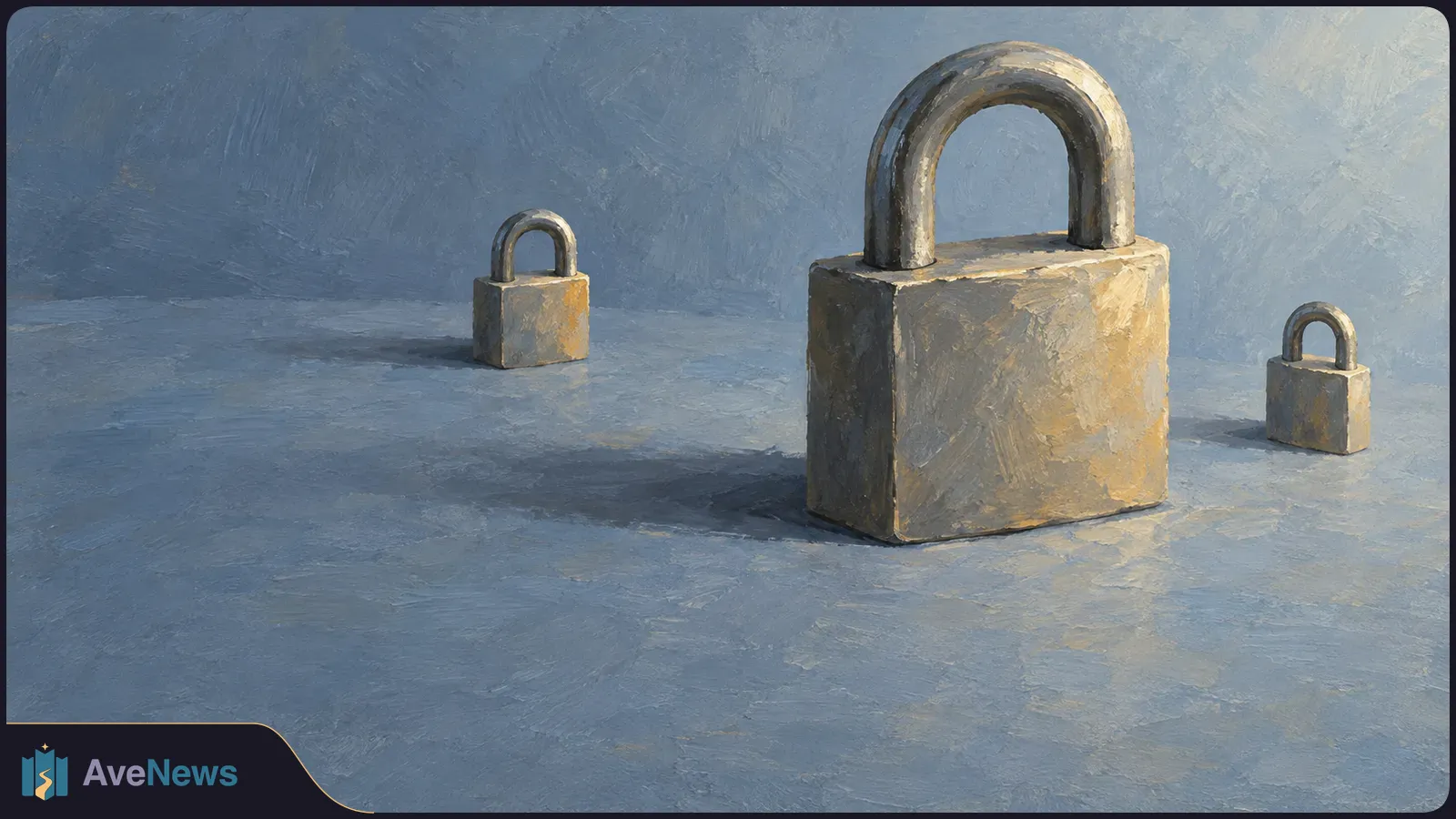 Painted illustration of three closed padlocks on a blue surface, with one large lock in the foreground and two smaller ones behind it. SI illustration