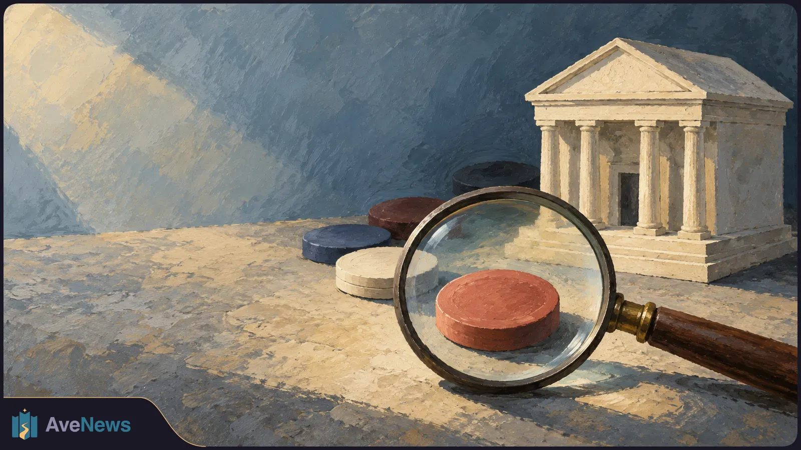 A painted magnifying glass enlarges a red round token, with other tokens and a small columned building behind it. SI illustration