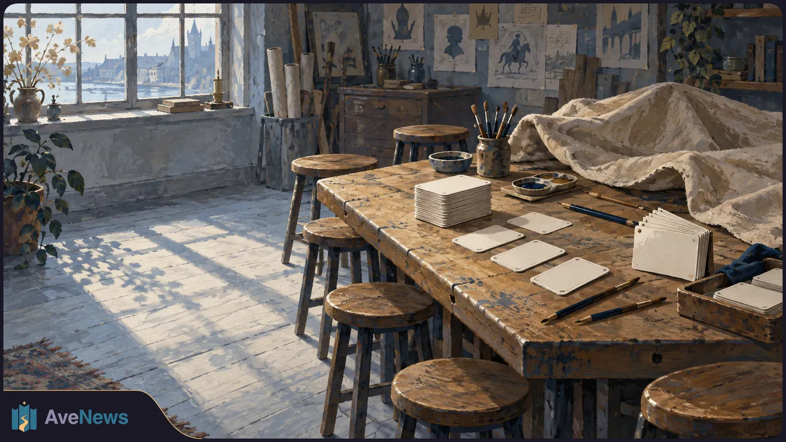 A sunlit, empty art studio with stacks of blank cards and brushes on a worn table; castle and rider sketches hang on the wall. SI illustration