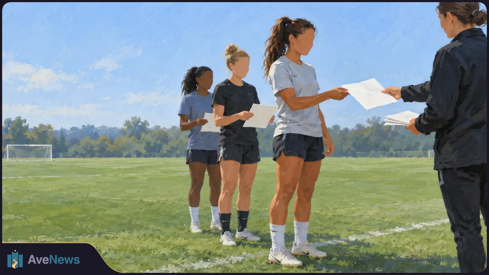 Illustration of three soccer players on a field holding papers as a person in dark clothing hands a sheet to the player in front; a goal stands in the background. SI illustration