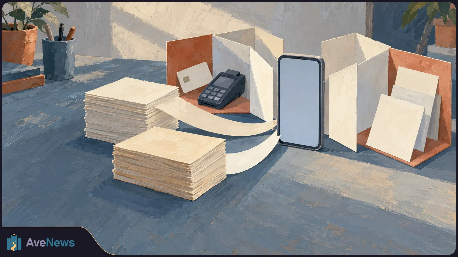 Painted desk with two stacks of blank paper, an upright phone with a blank screen, a card and payment terminal, and open folders. SI illustration