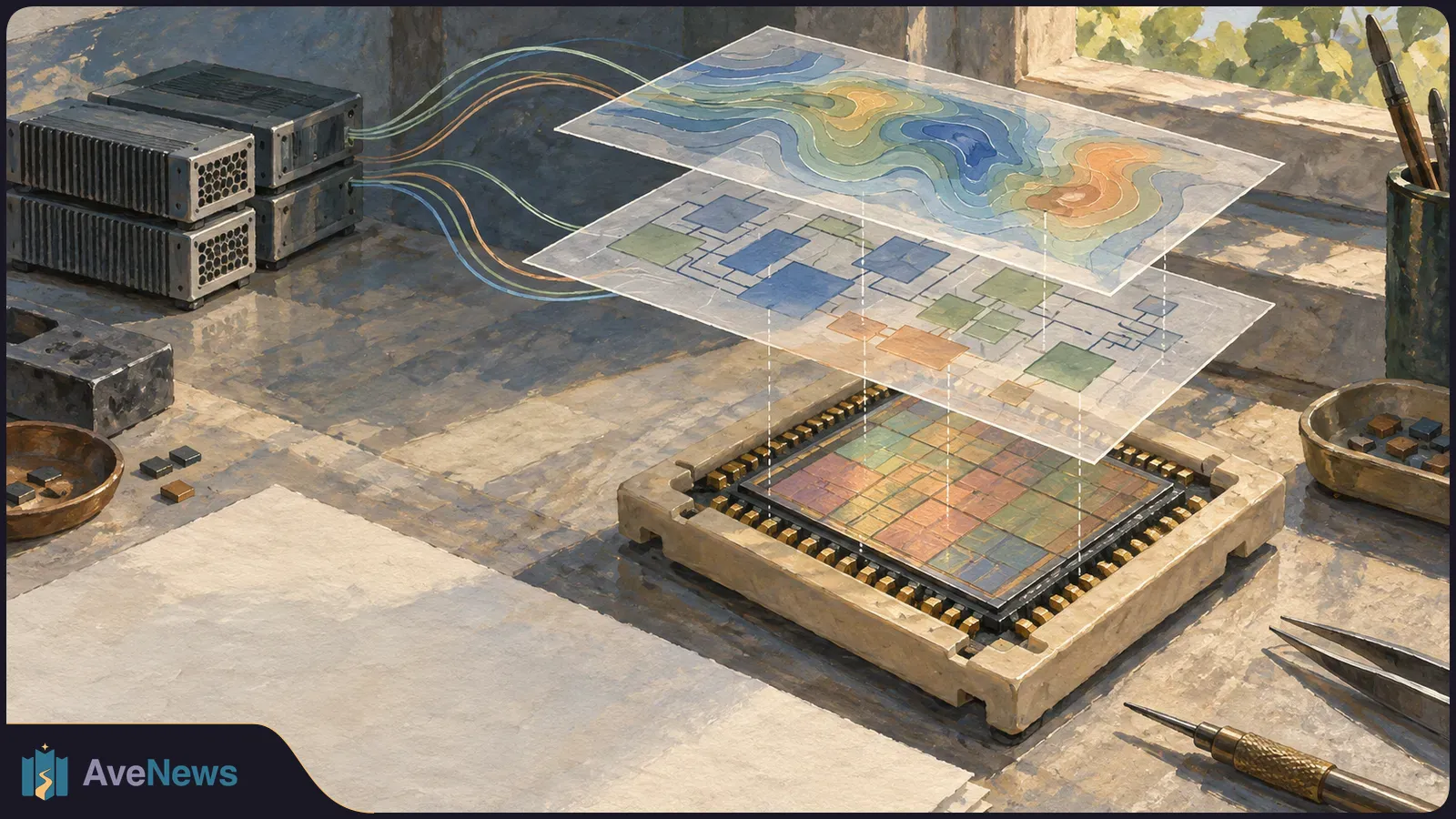 Illustration of server units connected by colored lines to a chip, with translucent circuit-layout and contour-map layers floating above it. SI illustration
