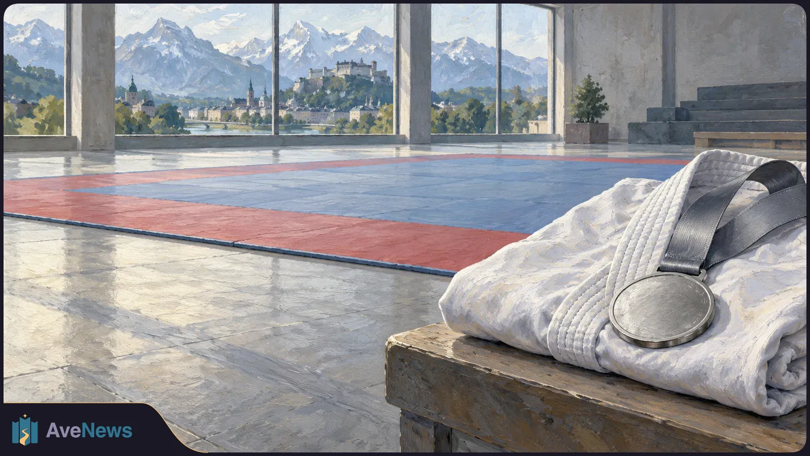 A silver medal rests on a folded white karate uniform beside a blue-and-red mat. Tall windows overlook a hilltop fortress and snowy mountains. SI illustration