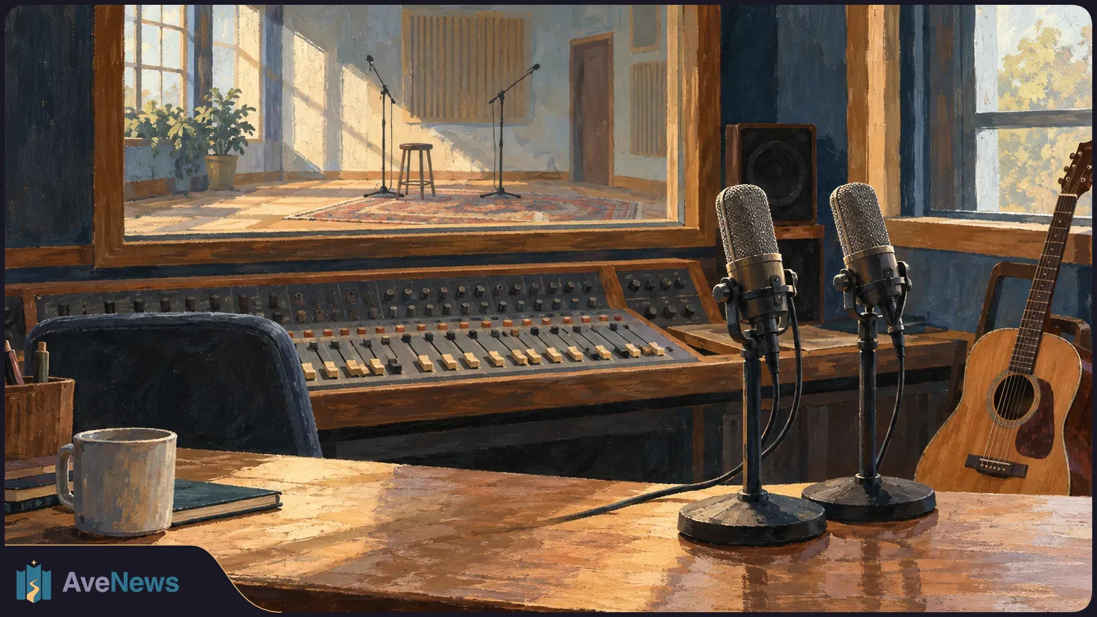 Painted recording studio with two microphones beside a mixing console, an acoustic guitar, and a sunlit booth with a stool and microphone stands. SI illustration
