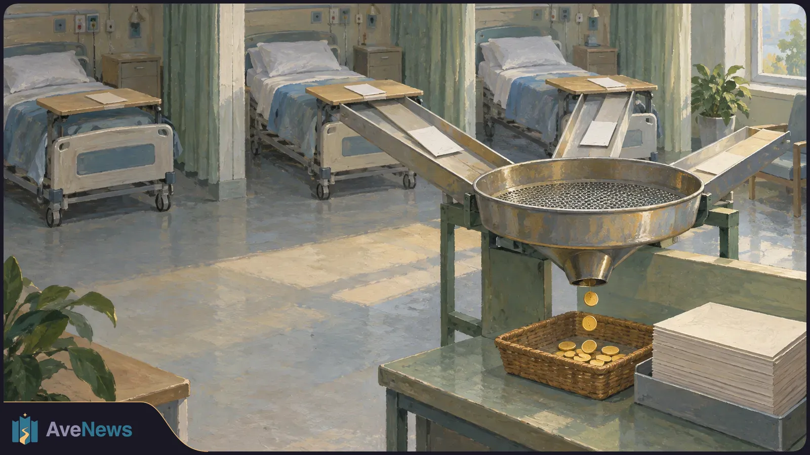 Painted hospital ward with three empty beds behind a metal machine dropping gold-colored coins into a basket; blank sheets of paper sit nearby. SI illustration
