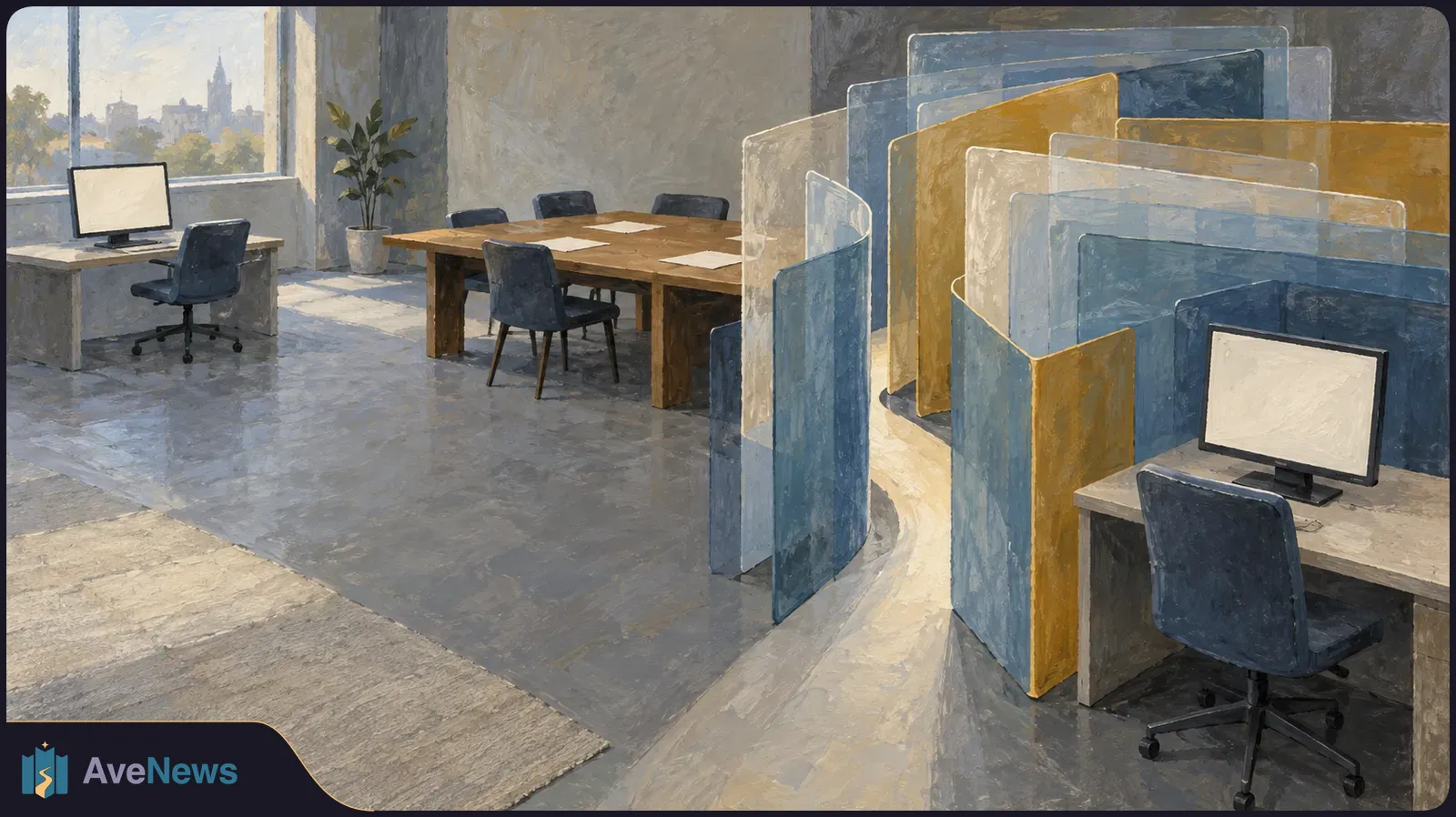 Painted empty office with desks, chairs and blank monitors; overlapping blue, white and gold partitions surround the workstations on the right. SI illustration