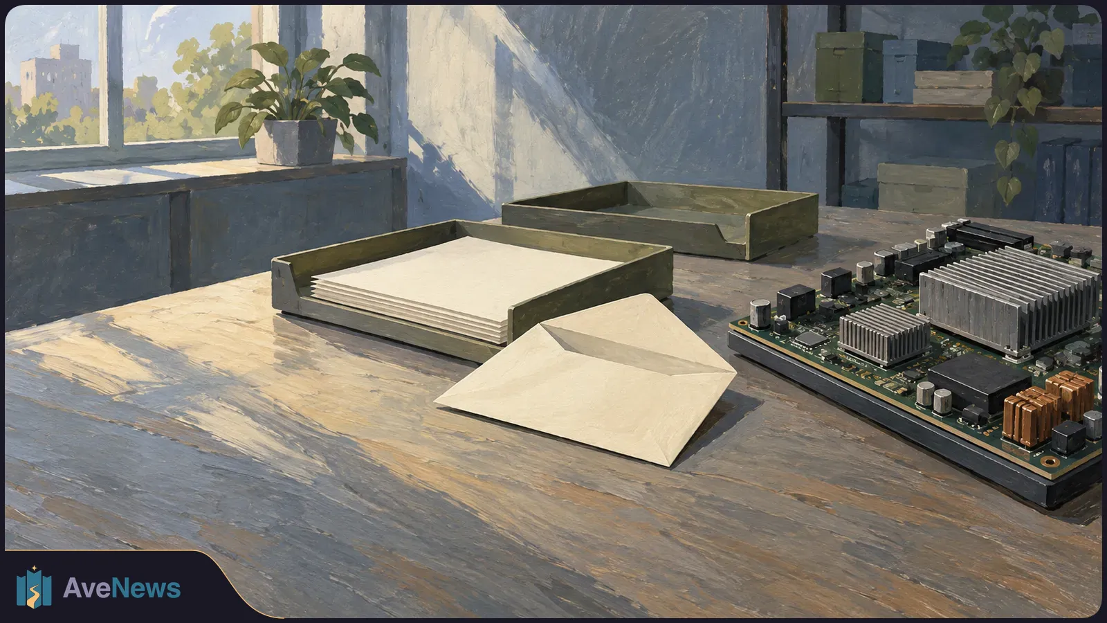 Painterly illustration of a blank envelope, stacked papers in a tray, and a circuit board on a sunlit desk by a window. SI illustration