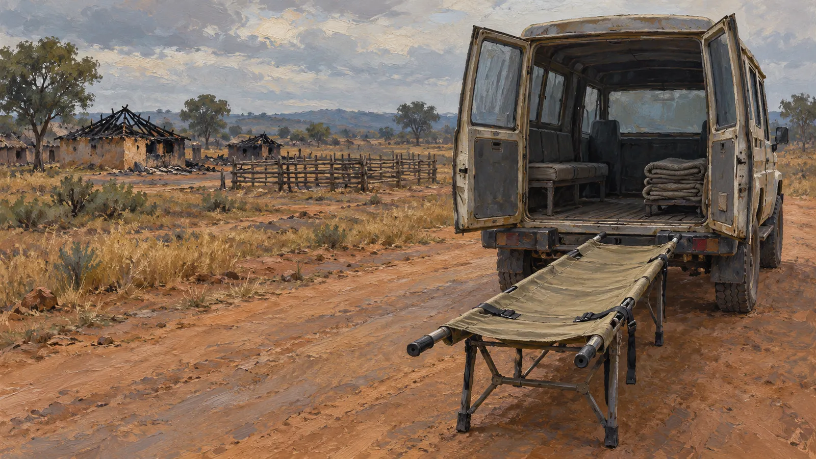 An illustration of an empty stretcher behind an open van on a dirt road, with damaged buildings and a wooden fence in the distance. SI illustration