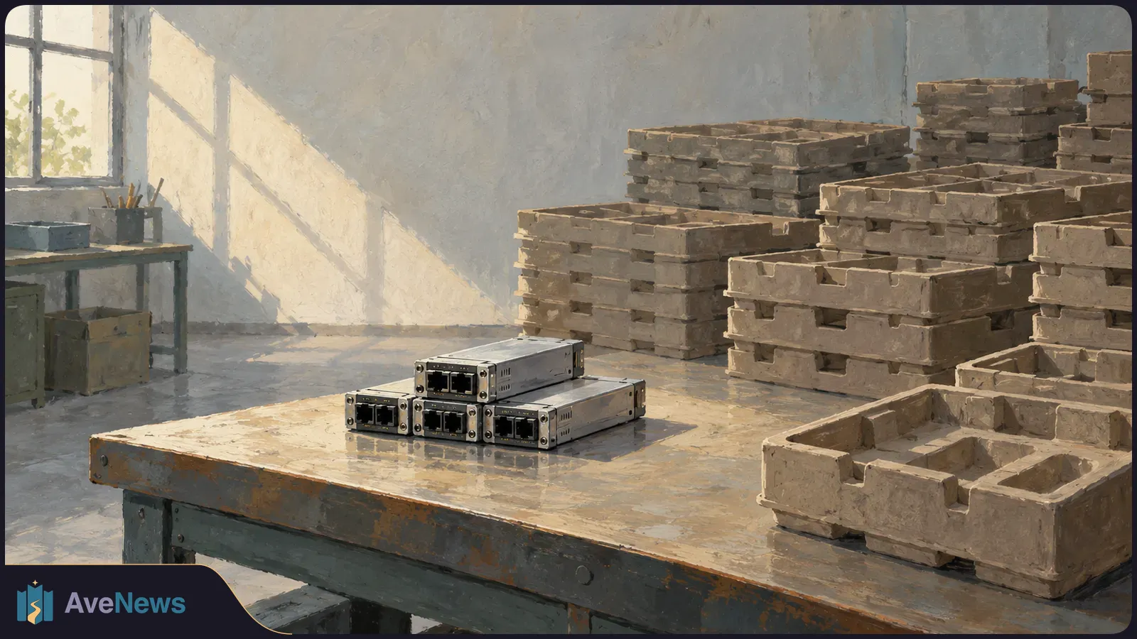 Illustration of three metal network modules on a worktable, with stacks of molded packaging trays behind them in a sunlit room. SI illustration