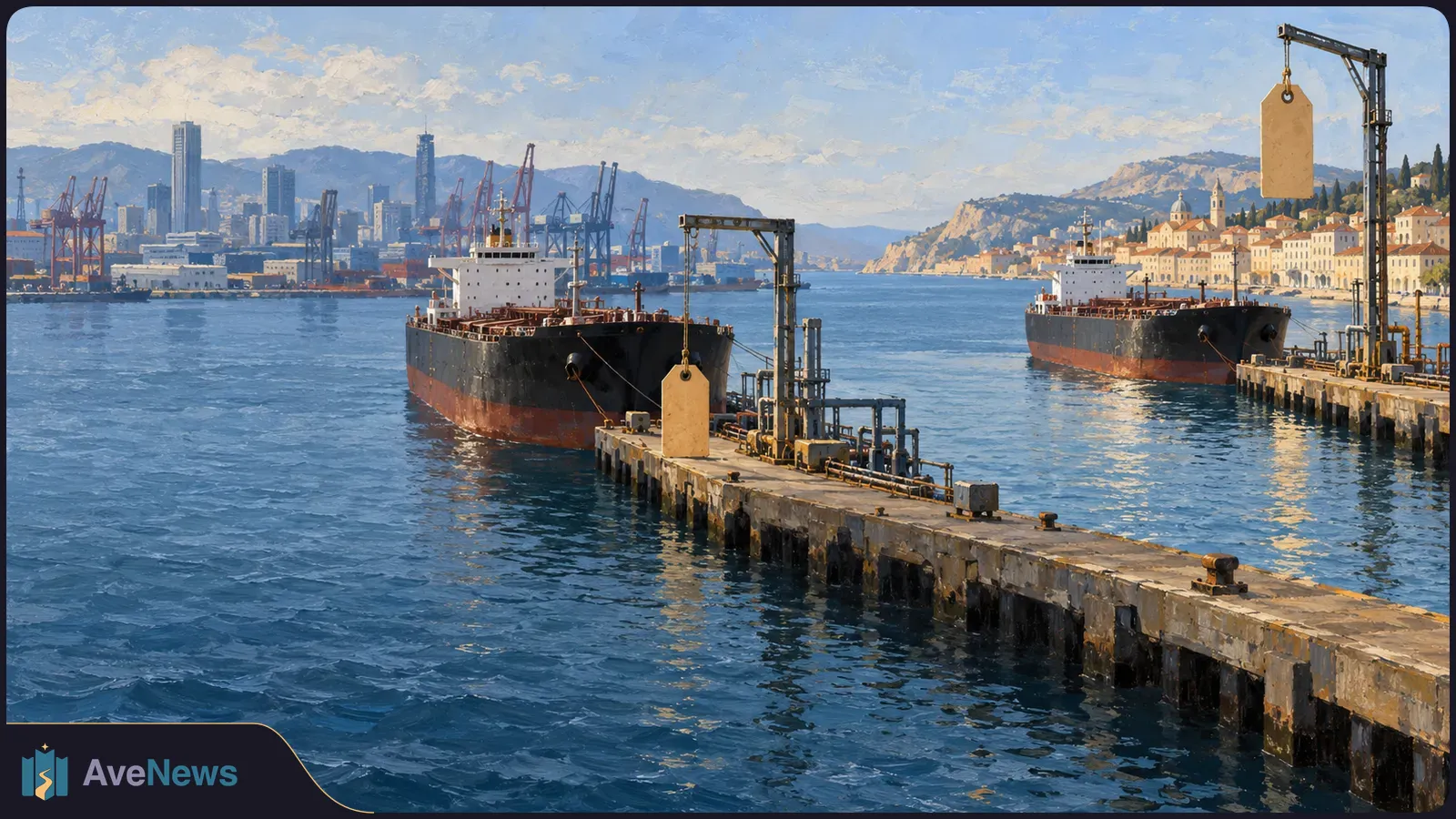 Painted harbor scene with two oil tankers, cranes and blank hanging price tags. A modern skyline and a coastal town stand on opposite shores. SI illustration