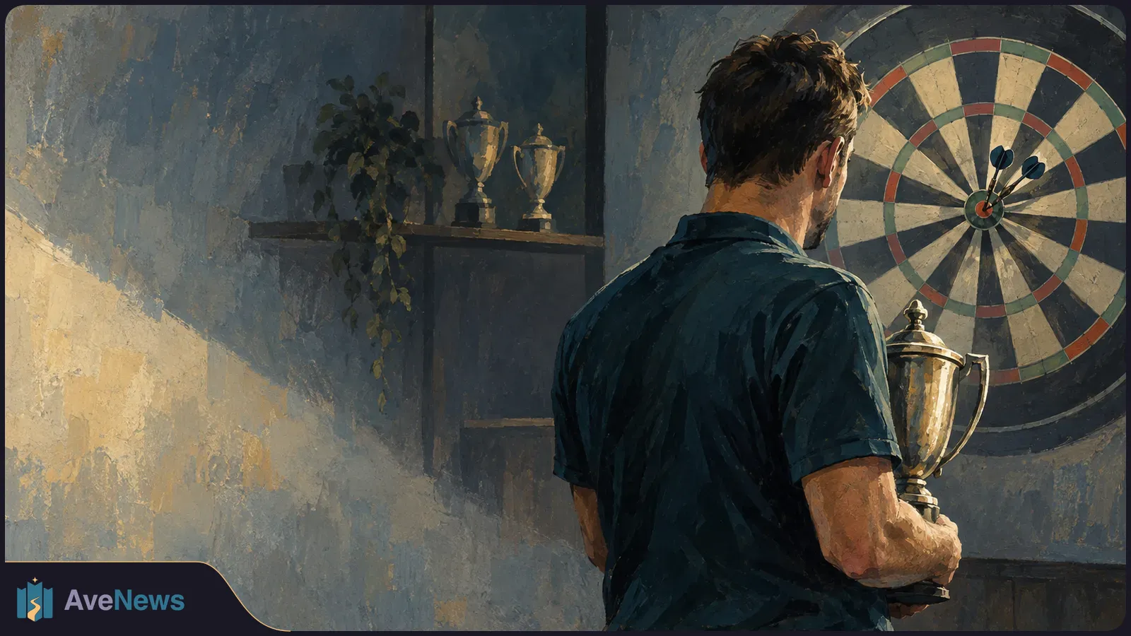 Painted scene of a man seen from behind holding a trophy beside a dartboard with three darts near its center. Two smaller trophies and a plant sit on a shelf. SI illustration