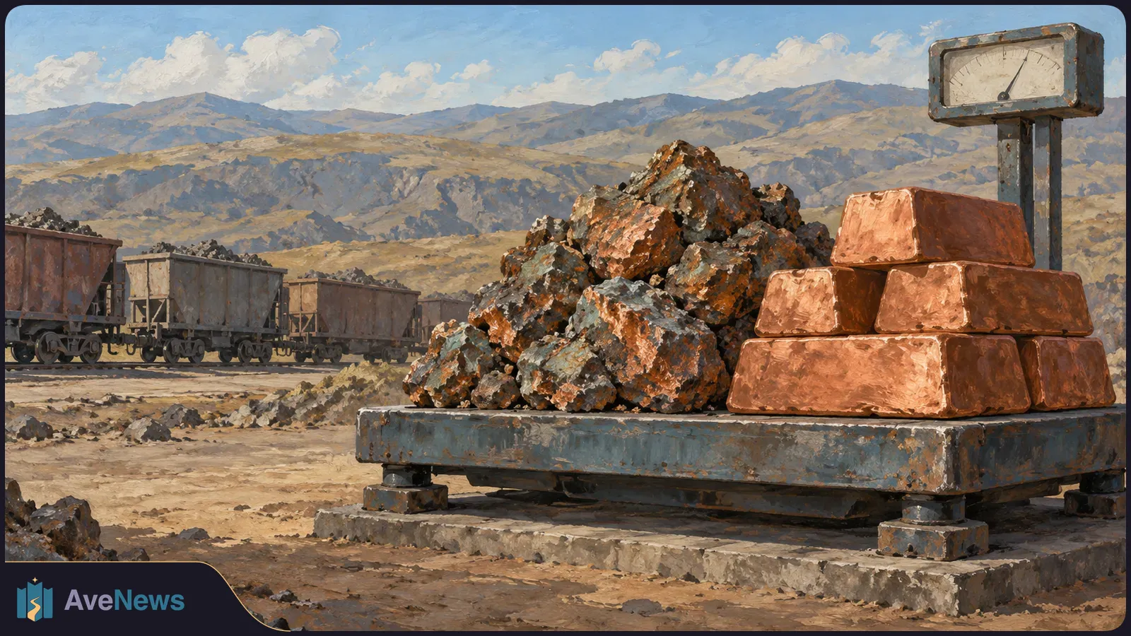 Illustration of ore rocks and copper-colored ingots on a platform scale, with loaded mine carts and mountains in the background. SI illustration
