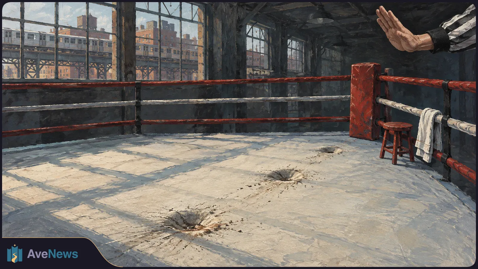 Painted boxing ring with three crater-like dents in the canvas, a towel draped over the ropes, and a raised hand at right. An elevated train is visible through the windows. SI illustration