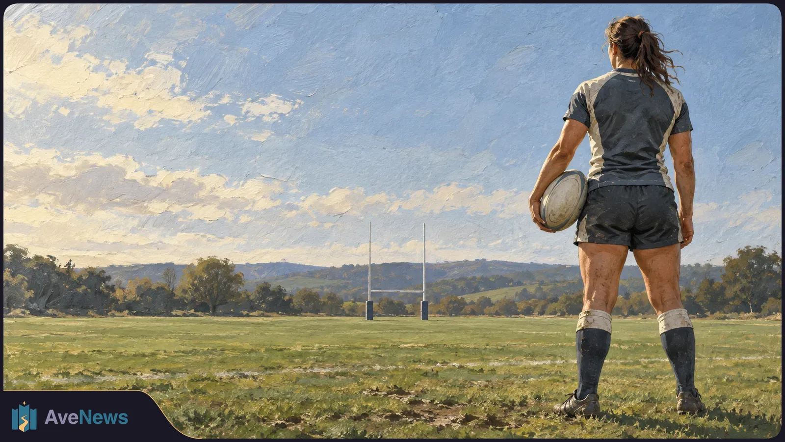 A rugby player seen from behind holds a ball on a grassy field, facing goalposts beneath a cloudy sky. SI illustration