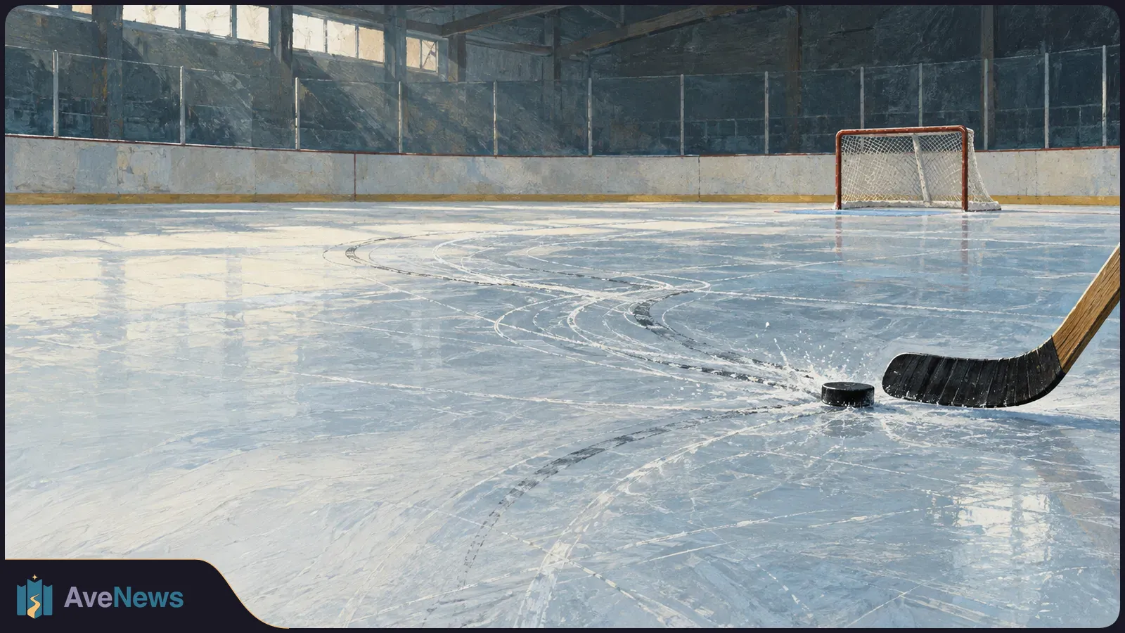 Painted indoor hockey rink with skate marks on the ice, a puck beside a stick in the foreground, and a goal at the far end. SI illustration