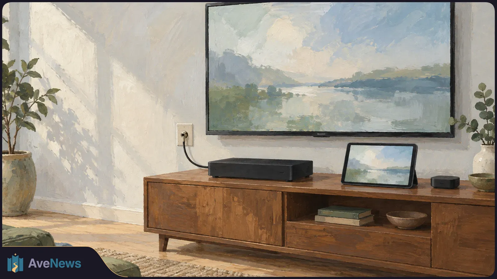 Painted living room with a large TV and a tablet showing the same lake landscape, above a wooden cabinet holding black media devices. SI illustration