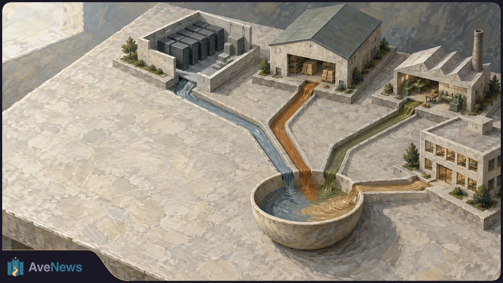 Painted isometric scene of server racks, a warehouse, a factory and an office building, with colored streams flowing from each into one stone basin. SI illustration
