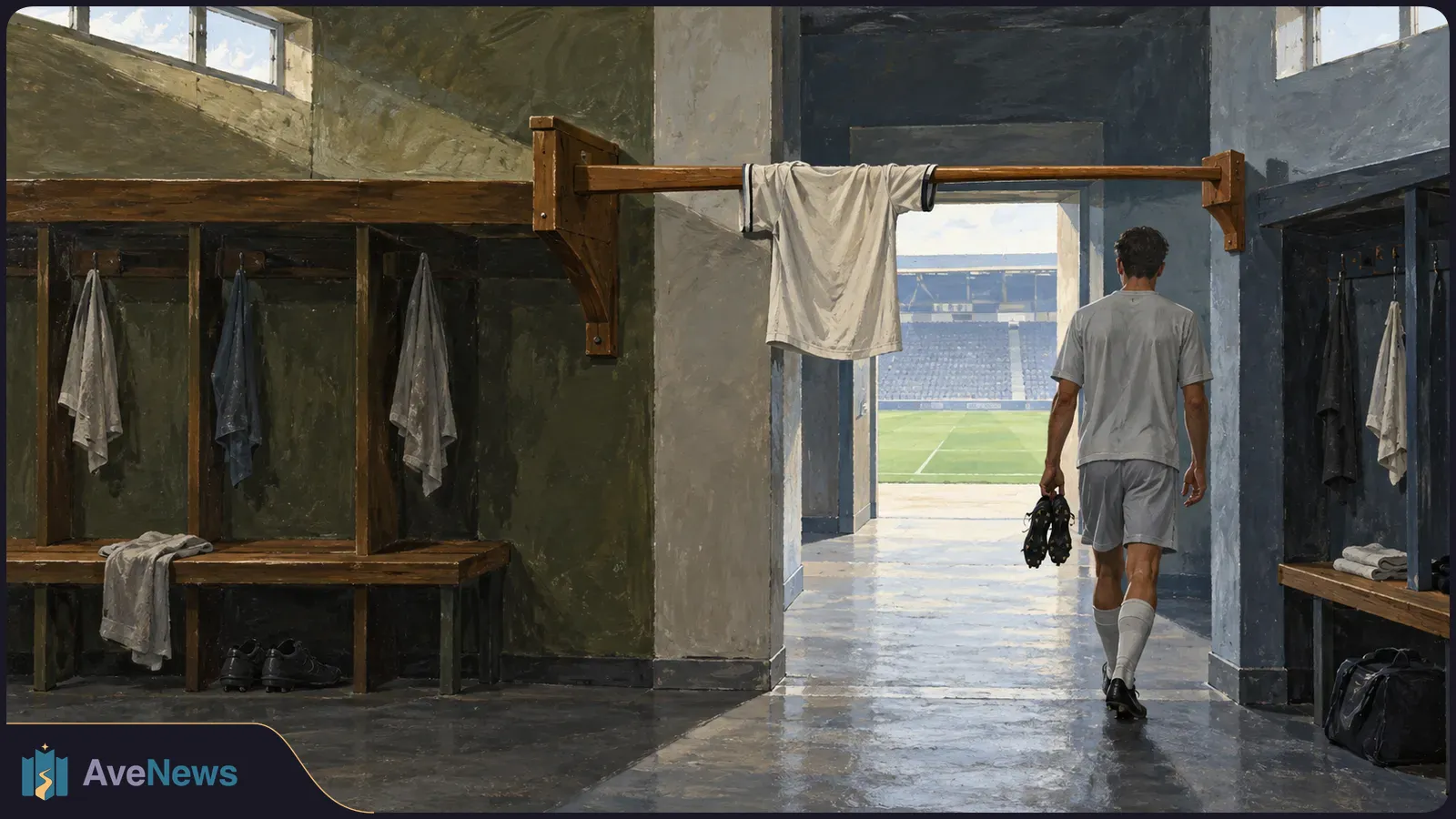 Painted scene of an anonymous footballer in a plain white kit carrying cleats through a locker room toward a stadium pitch, past benches and hanging shirts. SI illustration