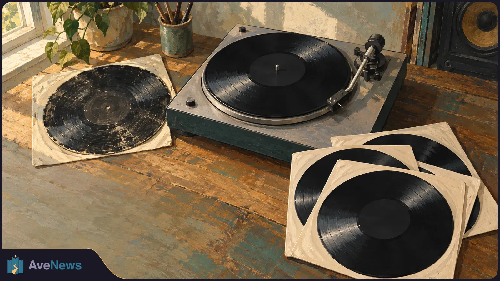A painted scene of a turntable and several black records in plain sleeves on a worn wooden table by a window. SI illustration