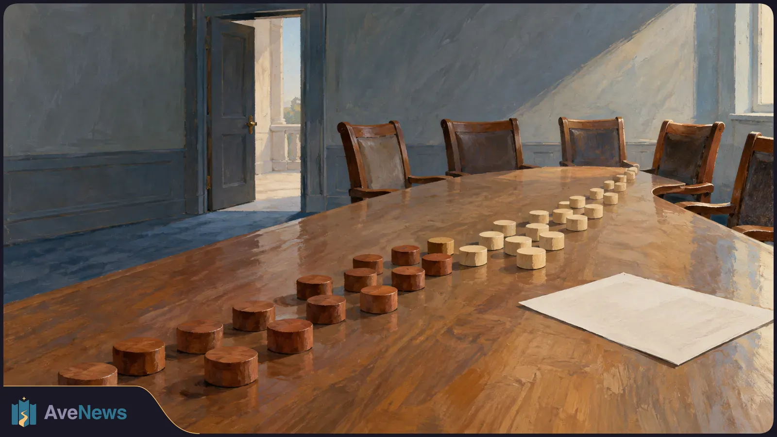 Painted boardroom scene with rows of dark and pale wooden discs on a long table, empty chairs, an open door and a blank sheet of paper. SI illustration