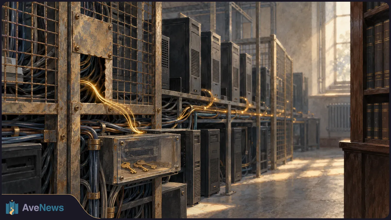 Rows of dark computer towers and tangled cables behind rusty mesh. Glowing gold lines lead to a metal box holding keys; a bookshelf stands at right. SI illustration