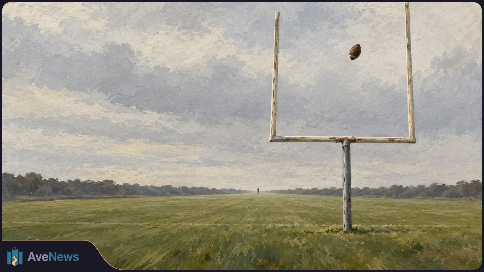 Painted scene of a football in the air near a goalpost on a grassy field beneath a cloudy sky, with a tiny figure in the distance. SI illustration