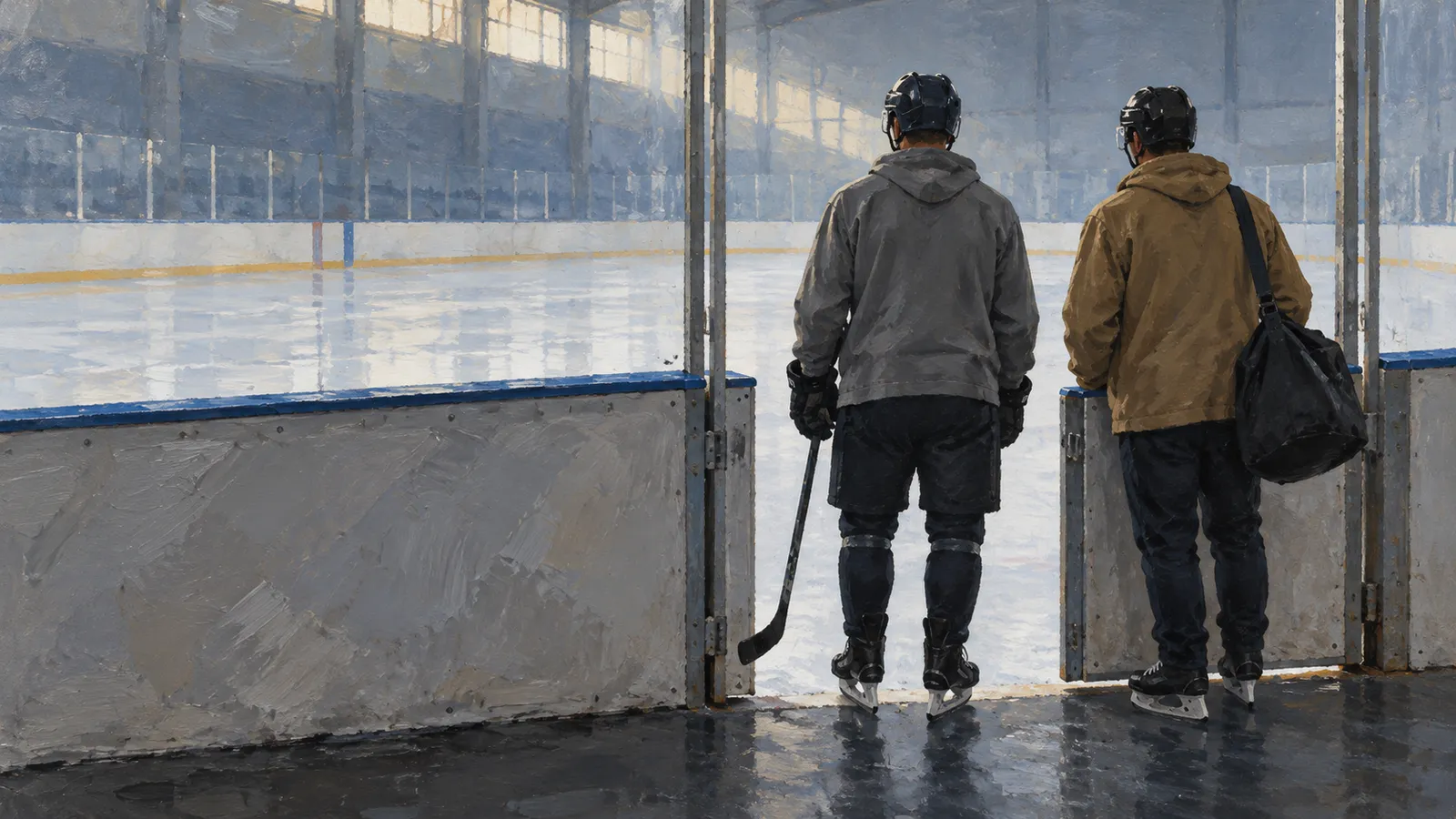 Two helmeted figures on skates stand at the entrance to an empty indoor ice rink, seen from behind. One holds a hockey stick; the other carries a black bag. SI illustration
