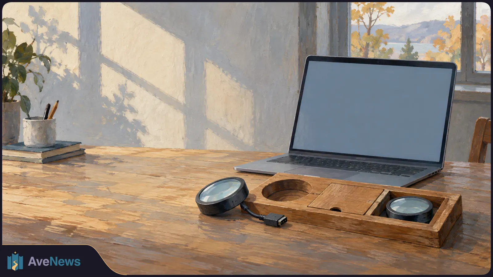 Painted scene of an open laptop with a blank screen on a sunlit wooden desk. Two round glass-faced objects, one attached to a USB plug, sit near a tray; books and a plant are nearby. SI illustration