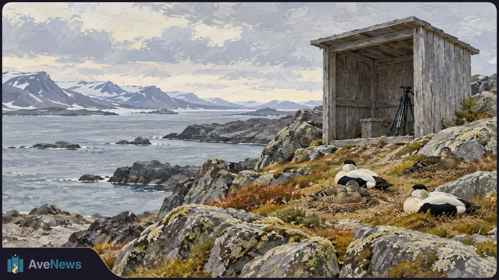 Painting of eider ducks on a rocky shore beside a wooden shelter and tripod, with the sea and snow-streaked mountains beyond. SI illustration