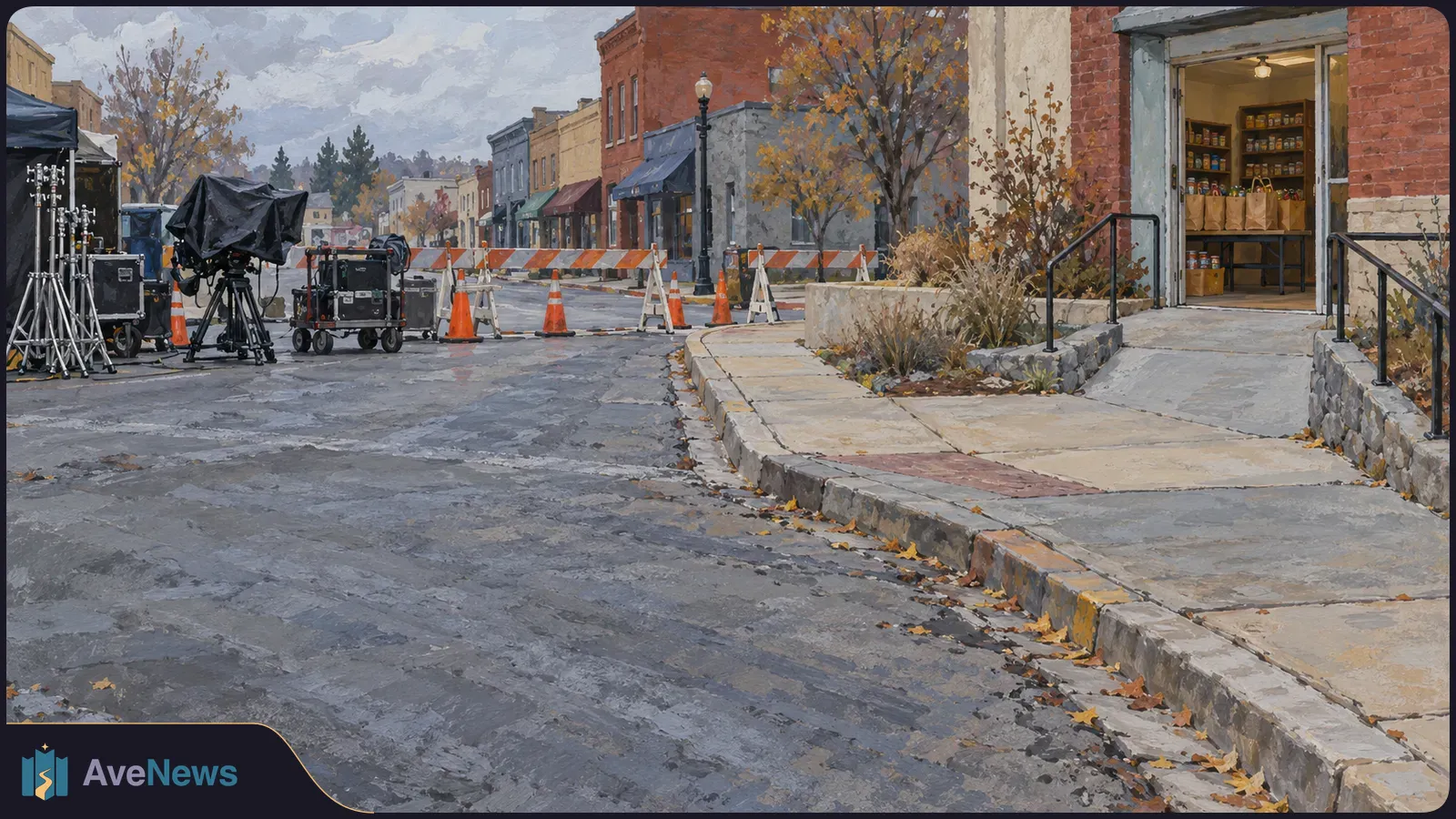 Painted street scene with film cameras, lighting stands and road barricades across from an open storefront stocked with food and paper bags. SI illustration