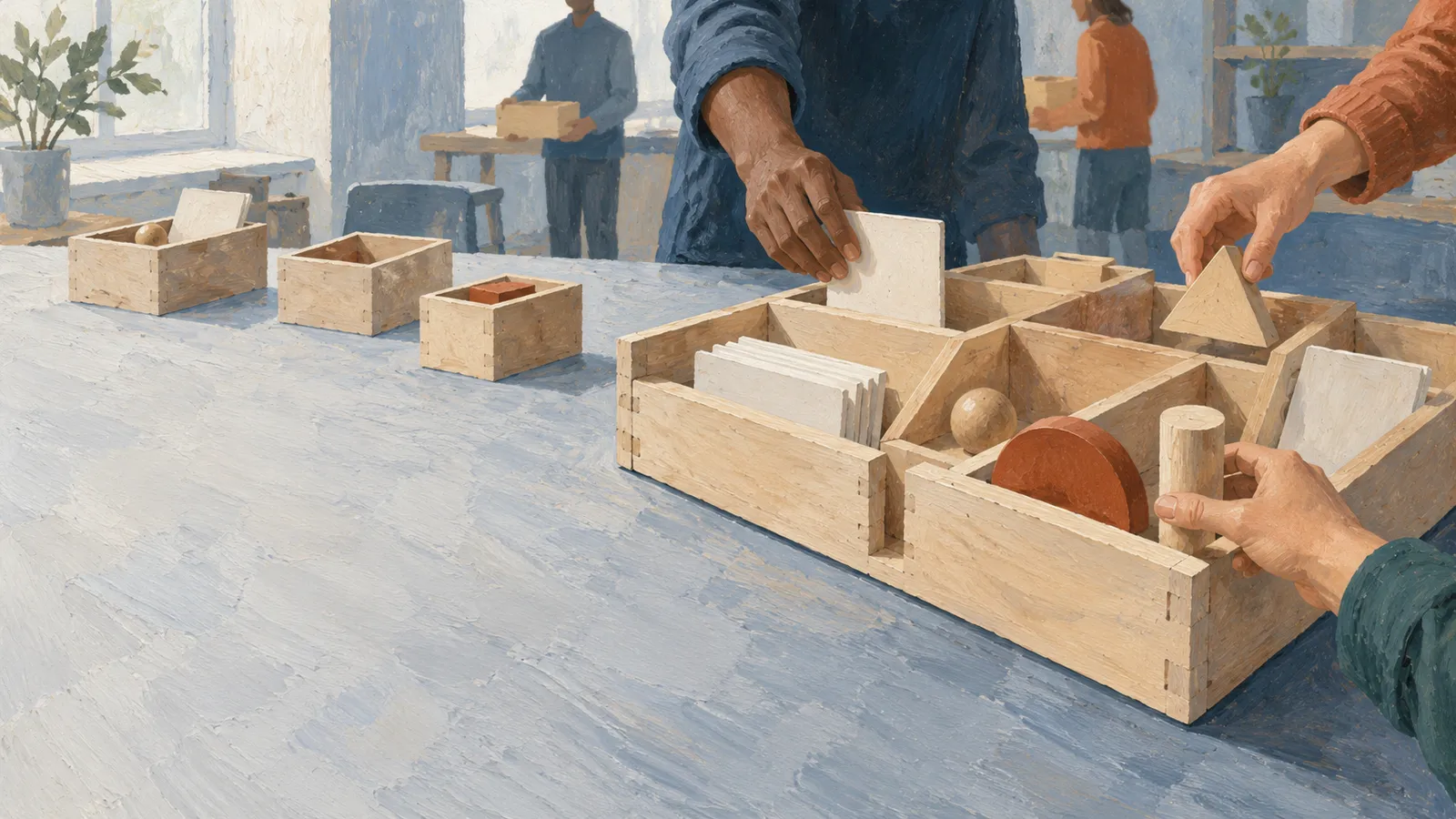 A painted scene of people handling geometric shapes and white cards in divided wooden boxes on a table. SI illustration