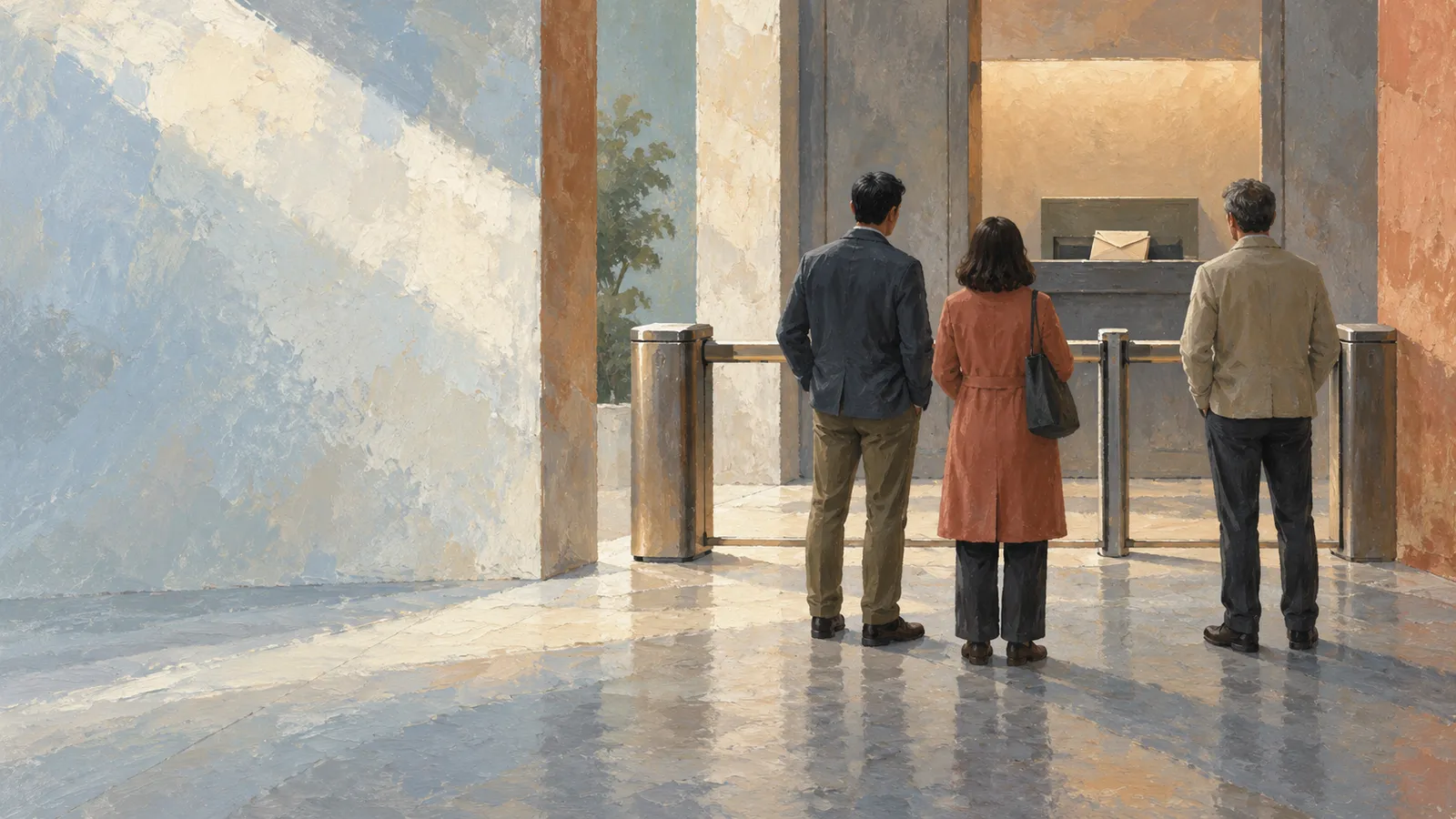 A painterly illustration of three people seen from behind, facing a counter with an envelope beyond a metal barrier. SI illustration