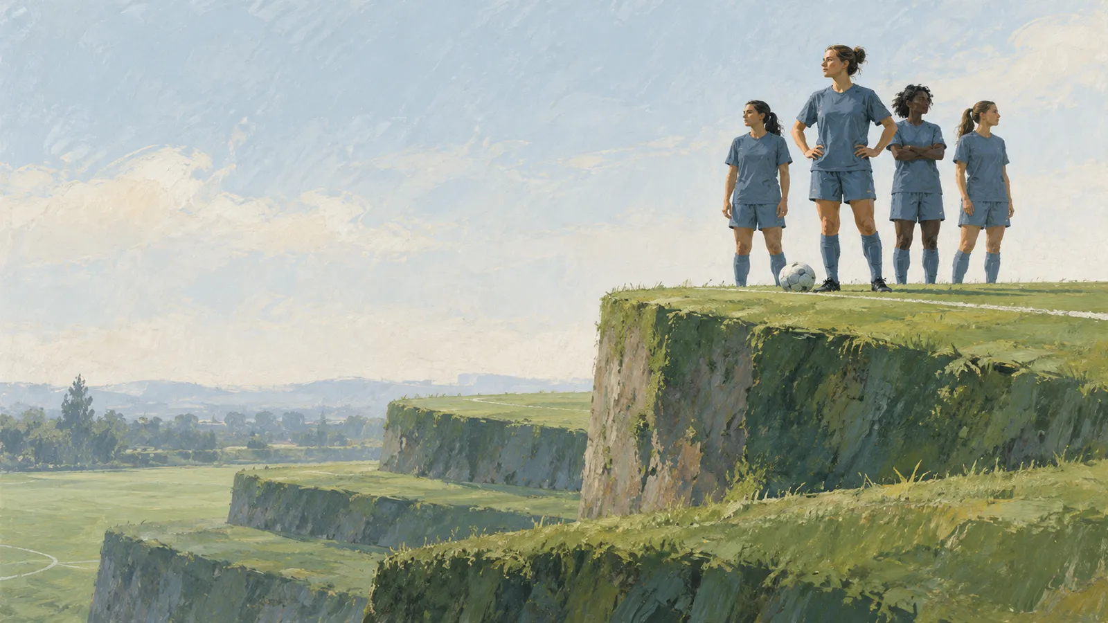 Four women in blue football kits stand beside a ball on the highest of several grassy, cliff-like tiers beneath a cloudy sky. SI illustration