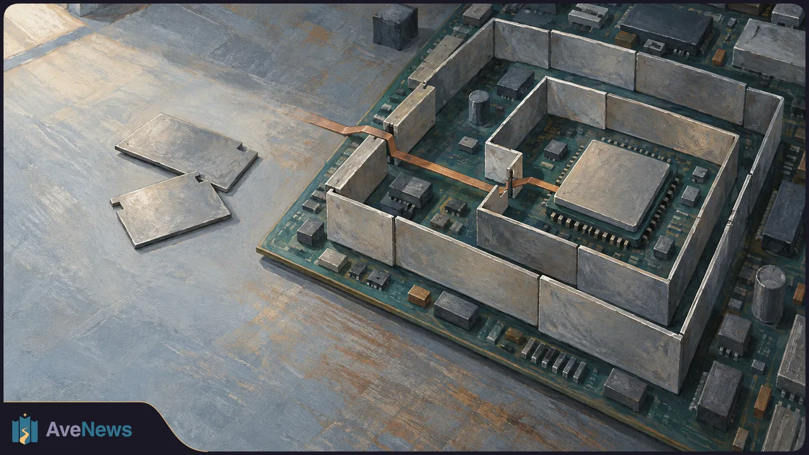 Painted close-up of a circuit board with a central chip surrounded by layered metal barriers. A copper trace runs through gaps toward the chip; two metal plates lie to the left. SI illustration