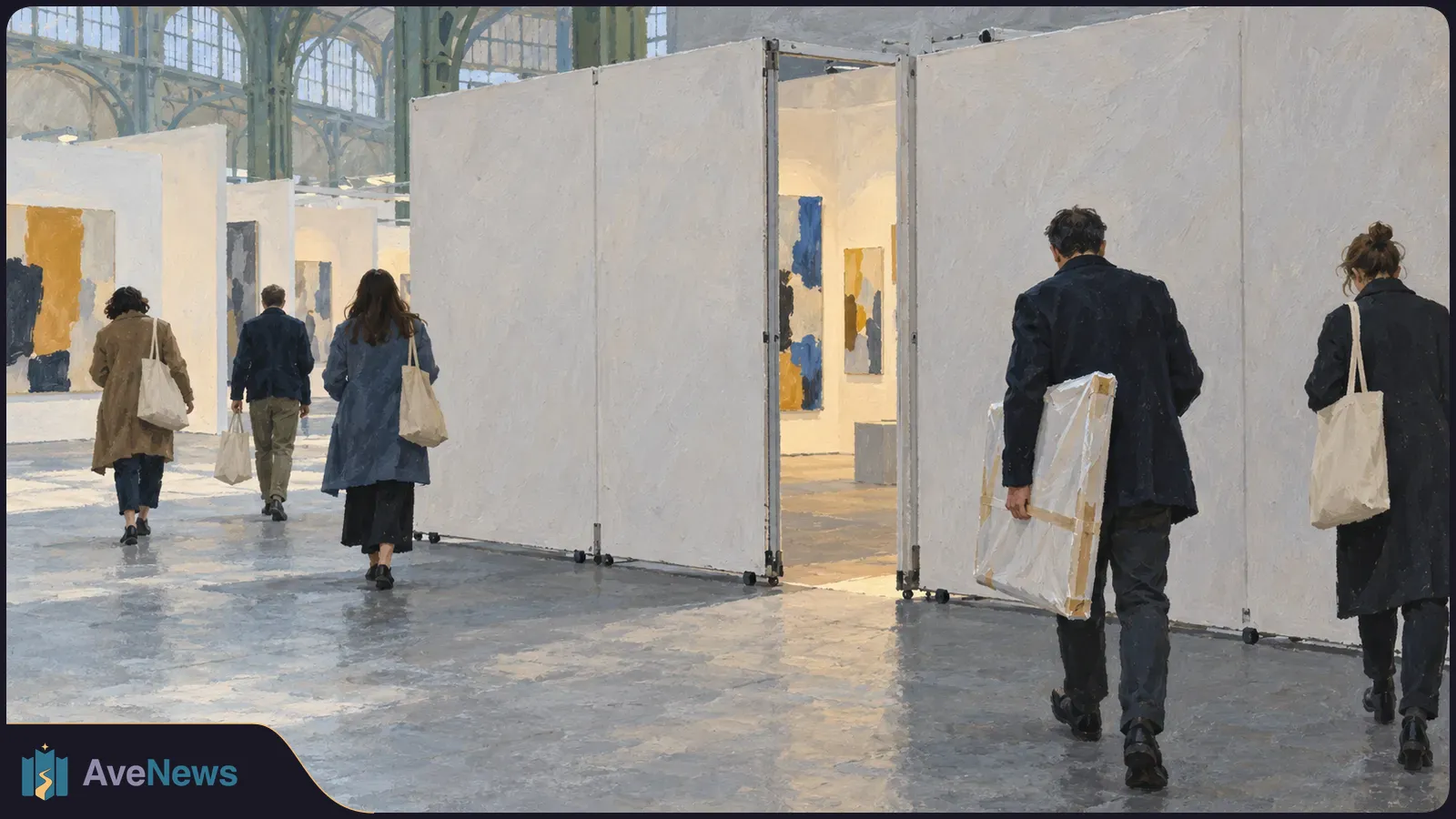 Painterly view of people walking among white exhibition walls and abstract paintings in a large hall; one carries a wrapped canvas. SI illustration