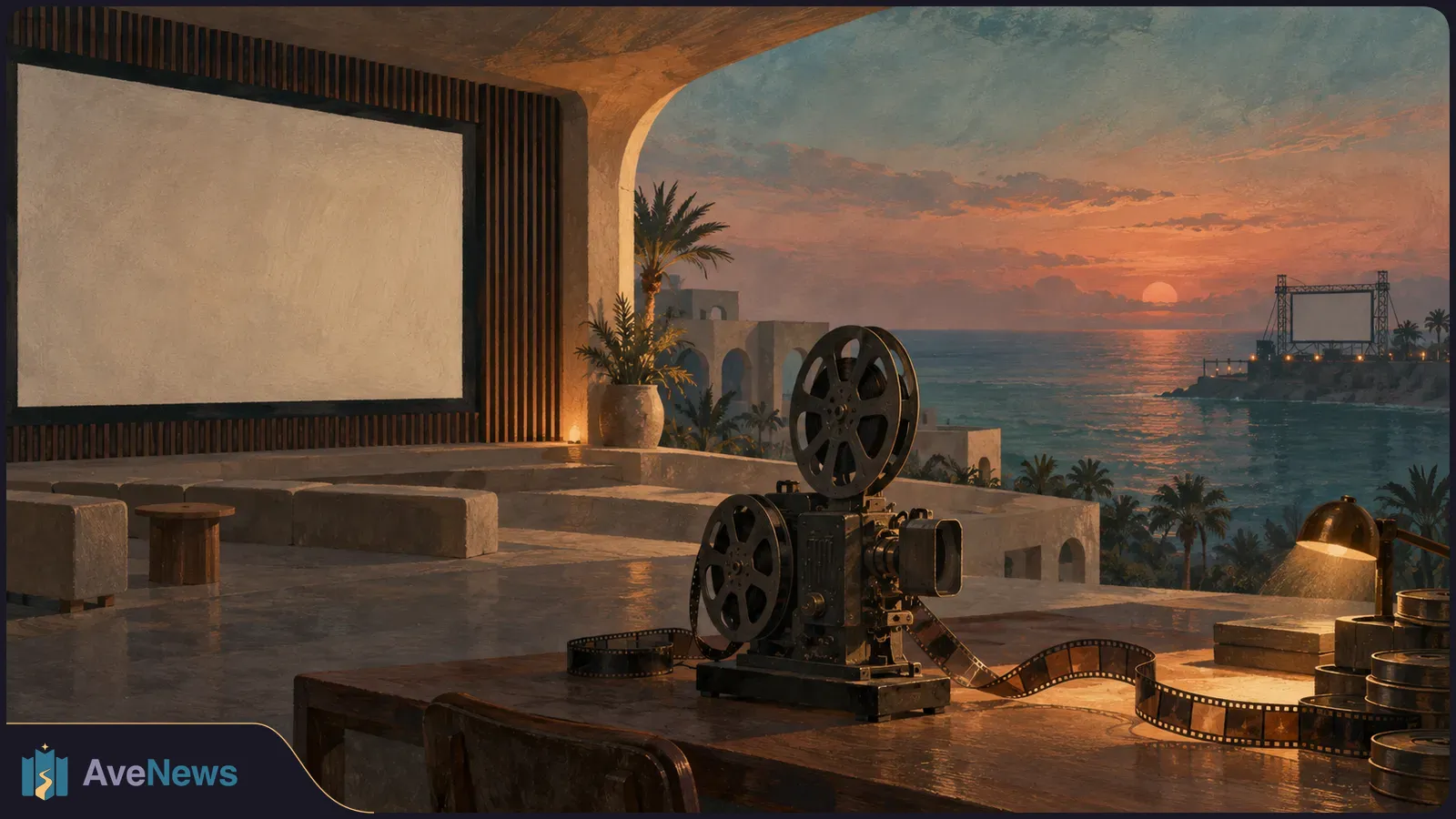 An old film projector sits on a table beside a blank outdoor screen, overlooking palm trees and the sea at sunset. SI illustration
