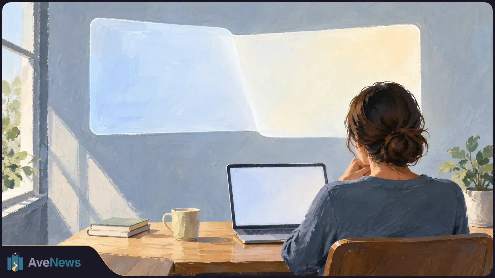 Illustration of a person seen from behind at a desk with a blank laptop screen, a mug and stacked books. Two pale panels hang on the wall; plants sit by a window. SI illustration