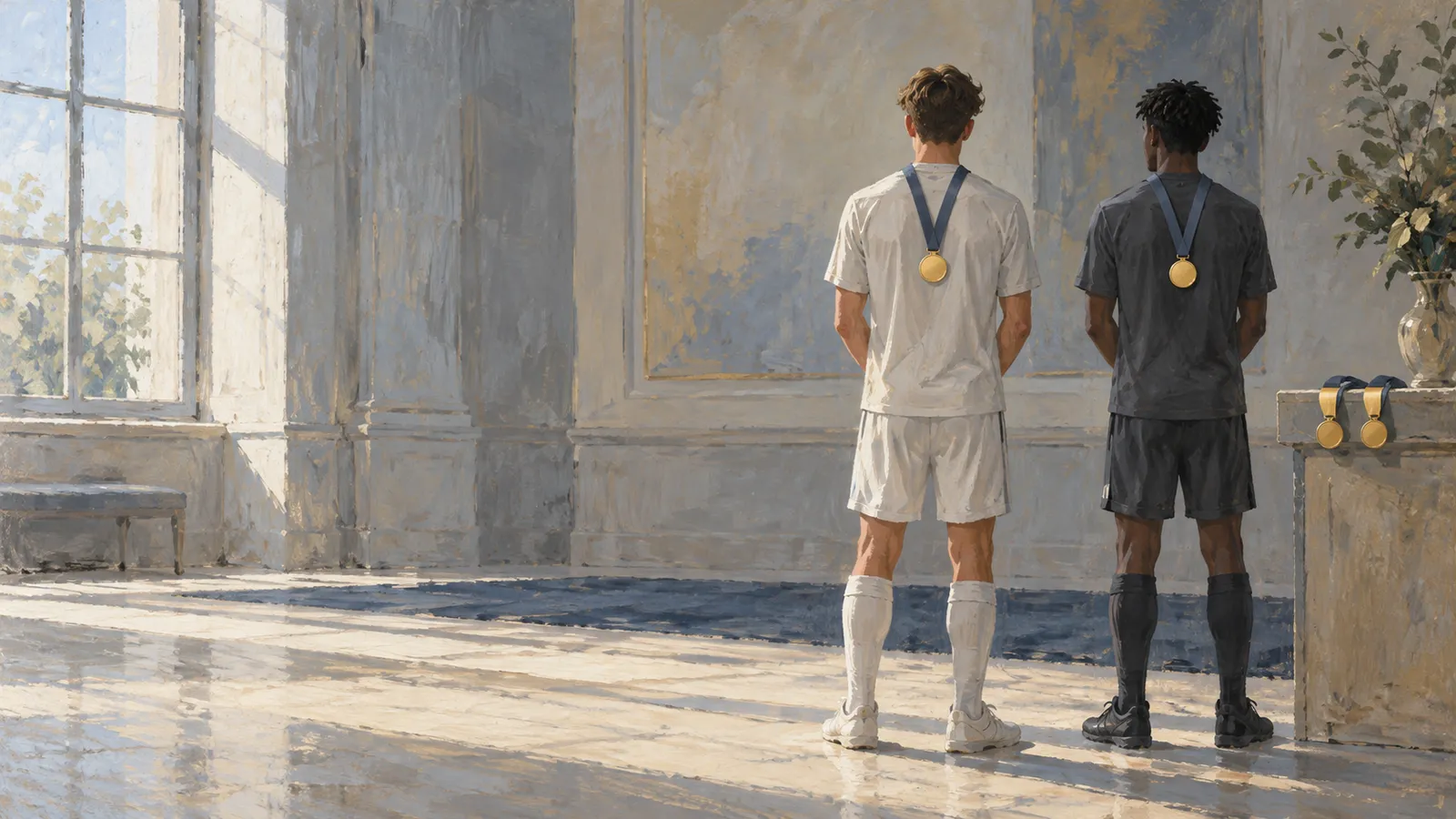Illustration of two athletes seen from behind, wearing white and black kits and gold medals in a sunlit room. Two more medals hang from a pedestal nearby. SI illustration
