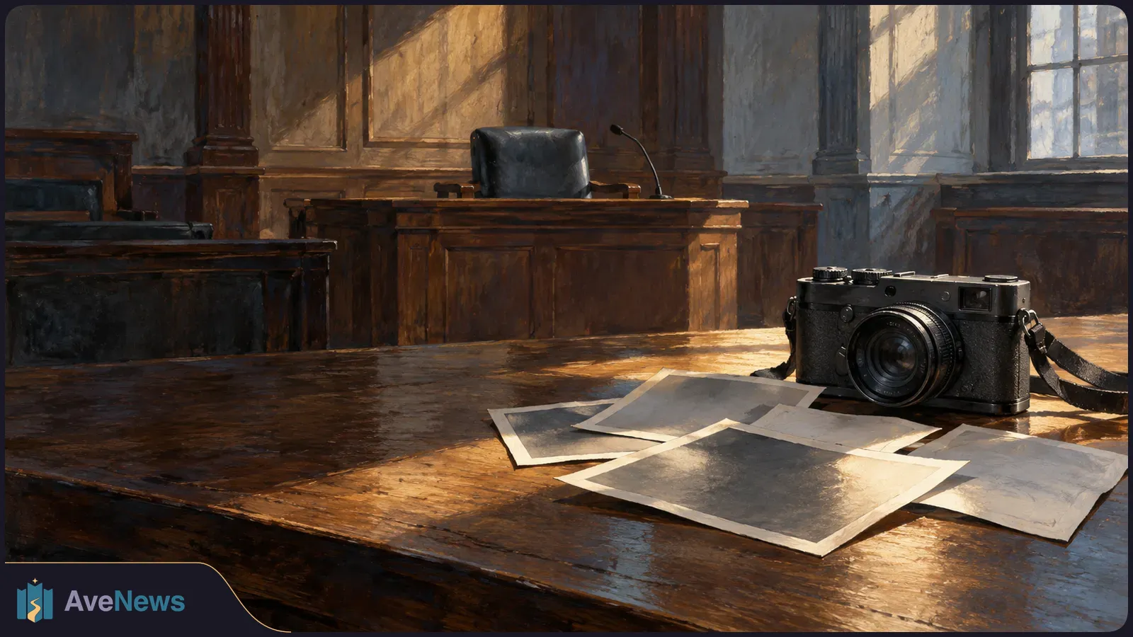 A camera and several photo prints sit on a sunlit wooden table in an empty courtroom, with a chair and microphone behind them. SI illustration