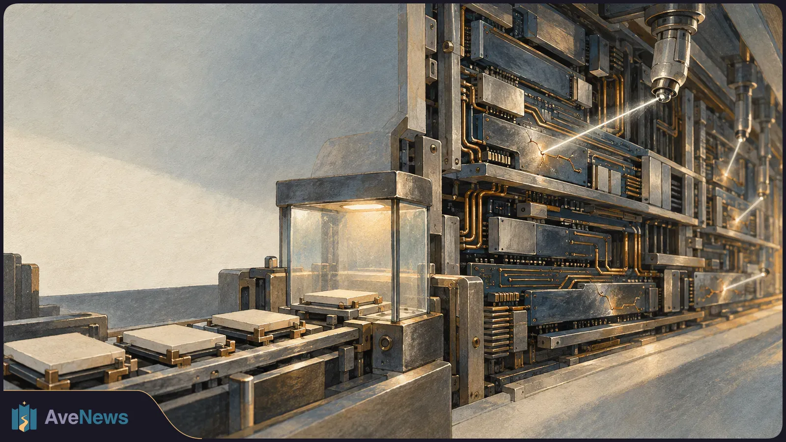 Pale square chips move along a conveyor through a glass chamber beside a wall of circuitry, where overhead beams illuminate cracks in the panels. SI illustration