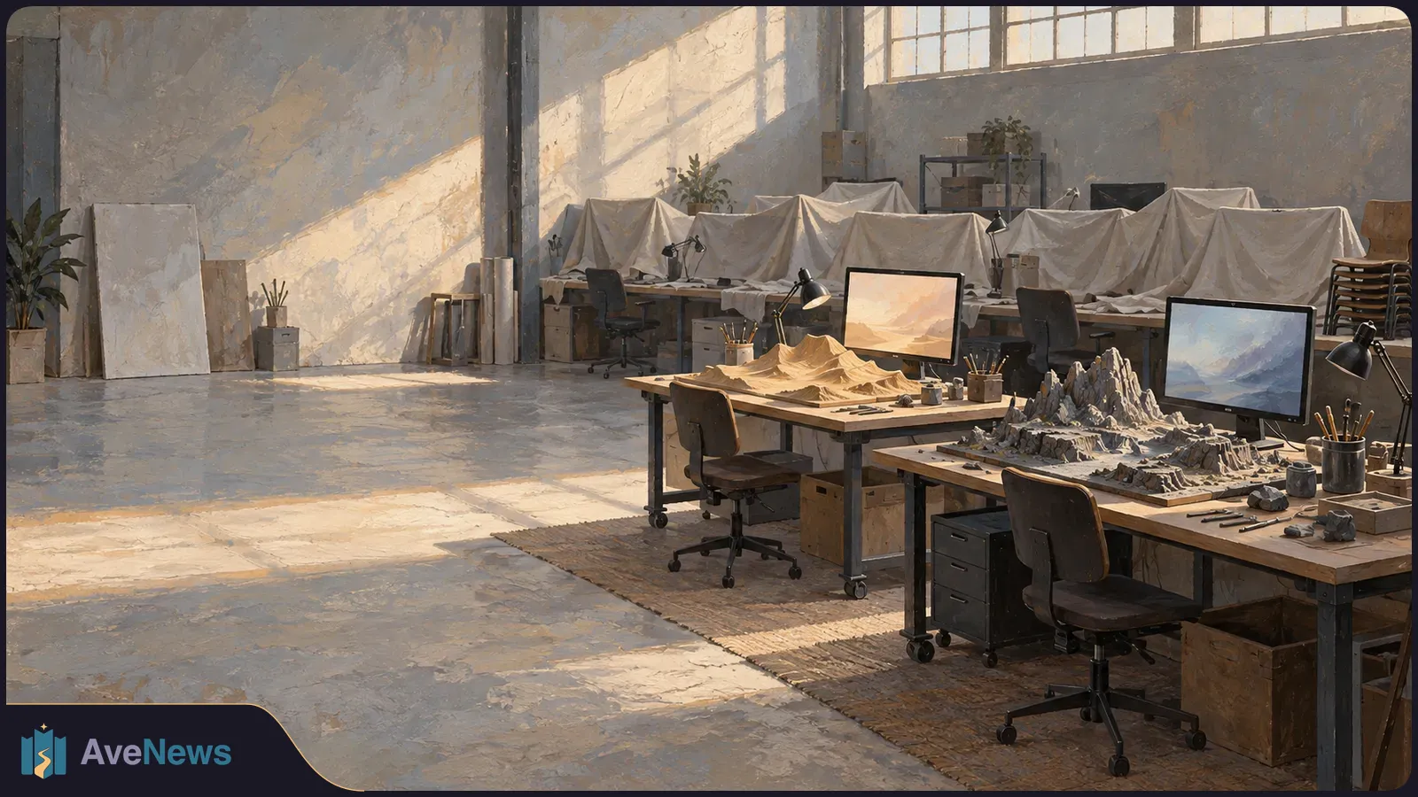 A sunlit studio has two worktables with miniature desert and rocky landscapes beside monitors, while other workstations are draped in cloth. SI illustration