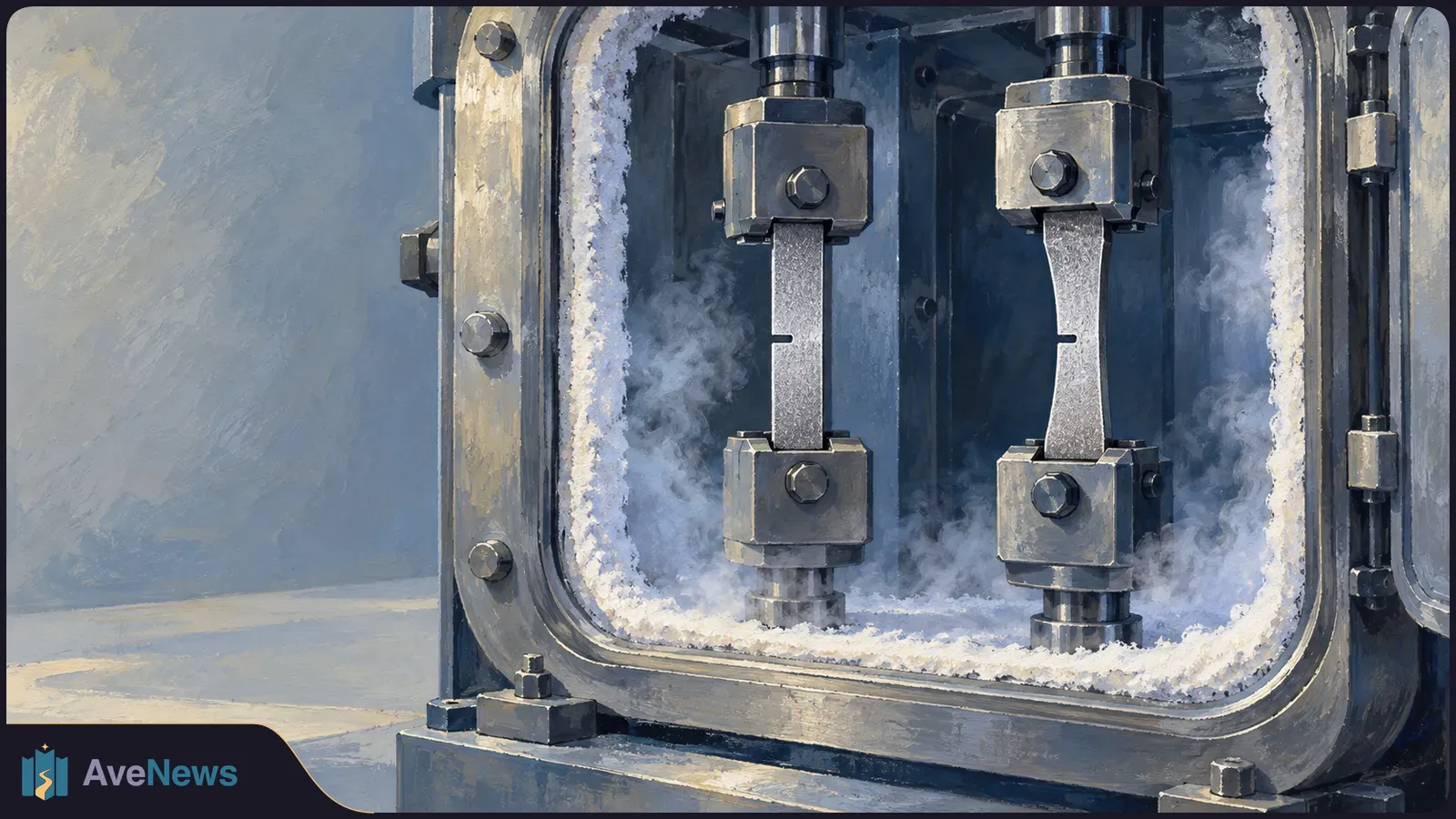 Painted close-up of two metal test specimens held in clamps inside a frost-rimmed chamber, with pale vapor around them. SI illustration